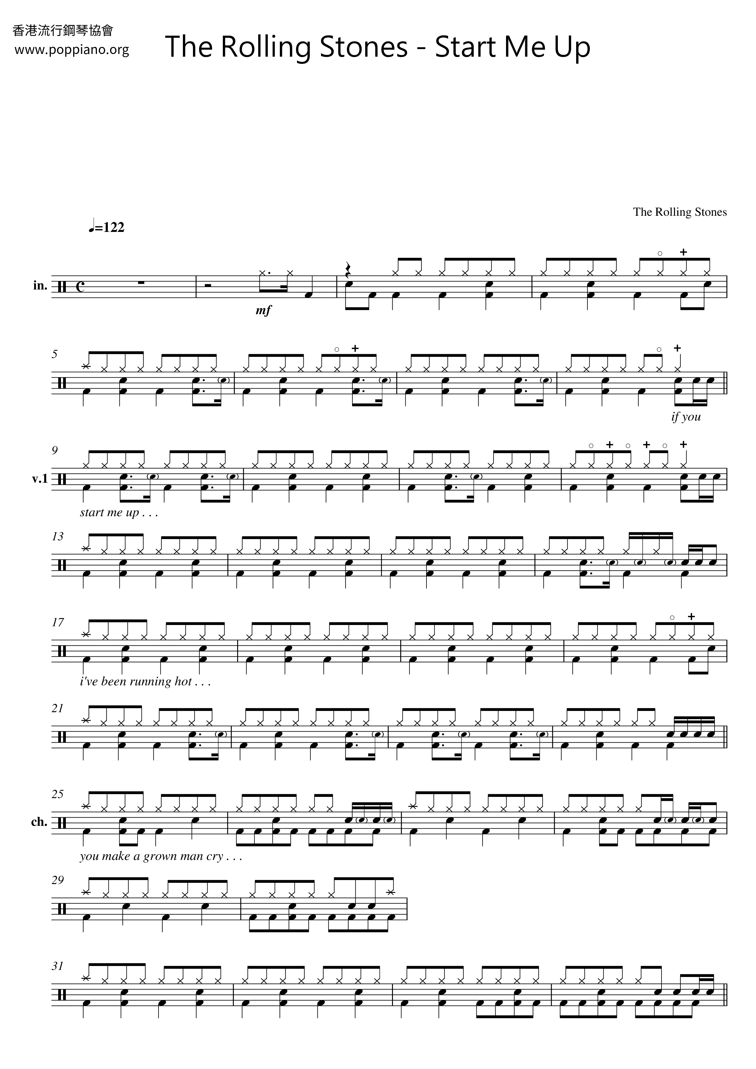 The Rolling StonesStart Me Up Drum Tab pdf, Free Score Download ★