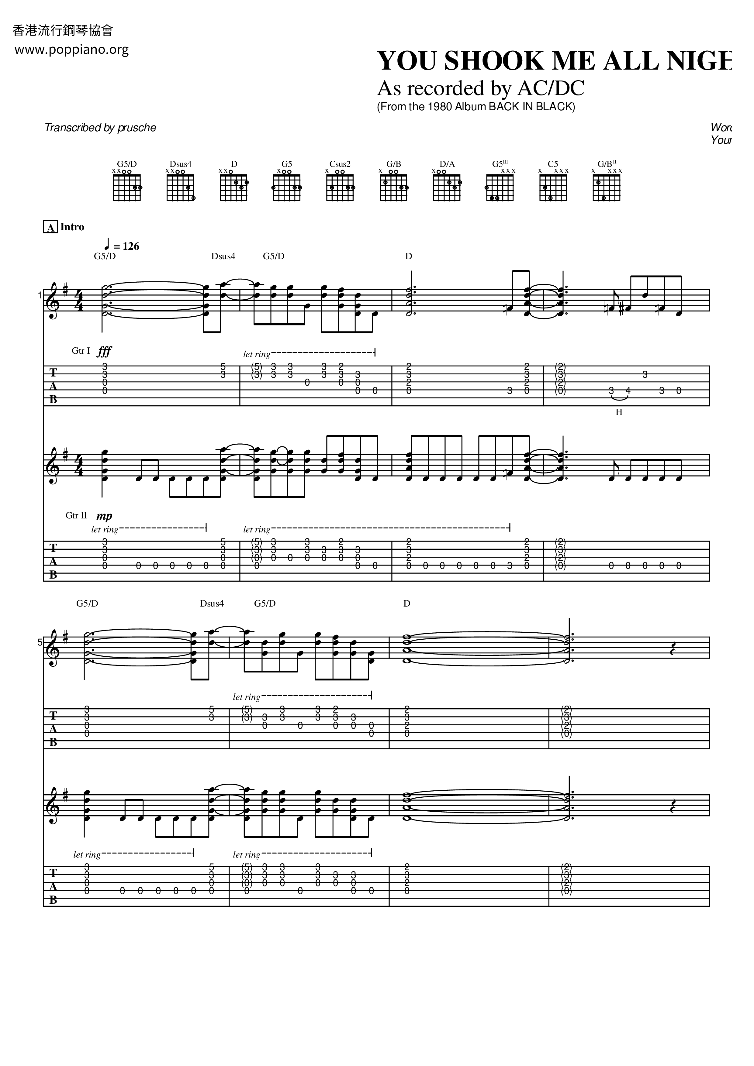 You Shook Me All Night Long Score