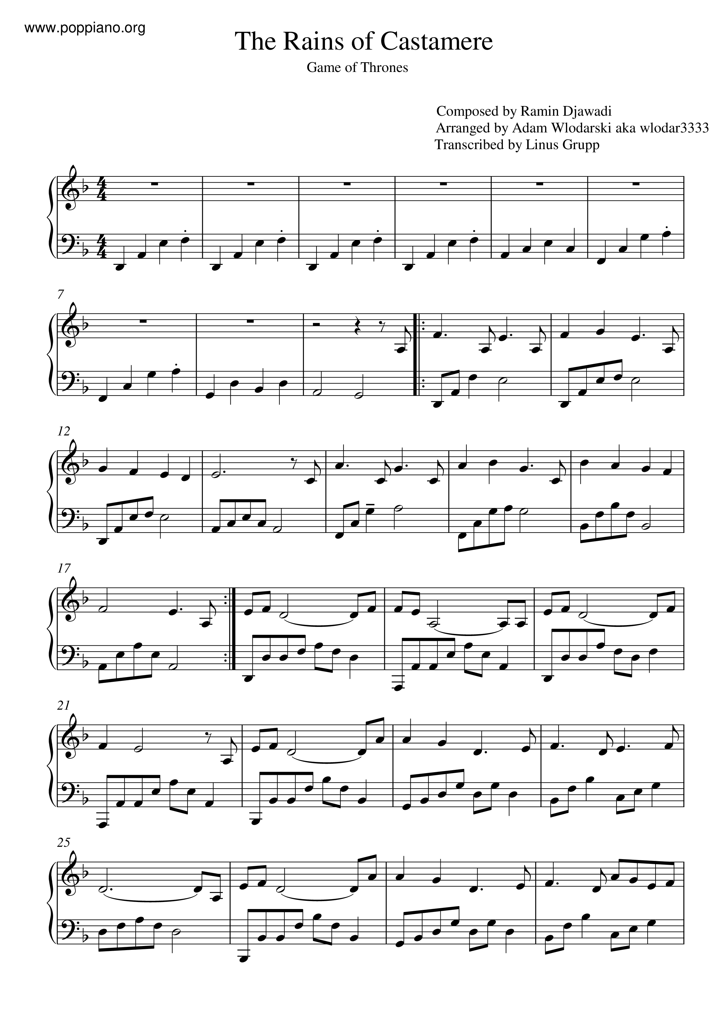 The Rains Of Castamere Score