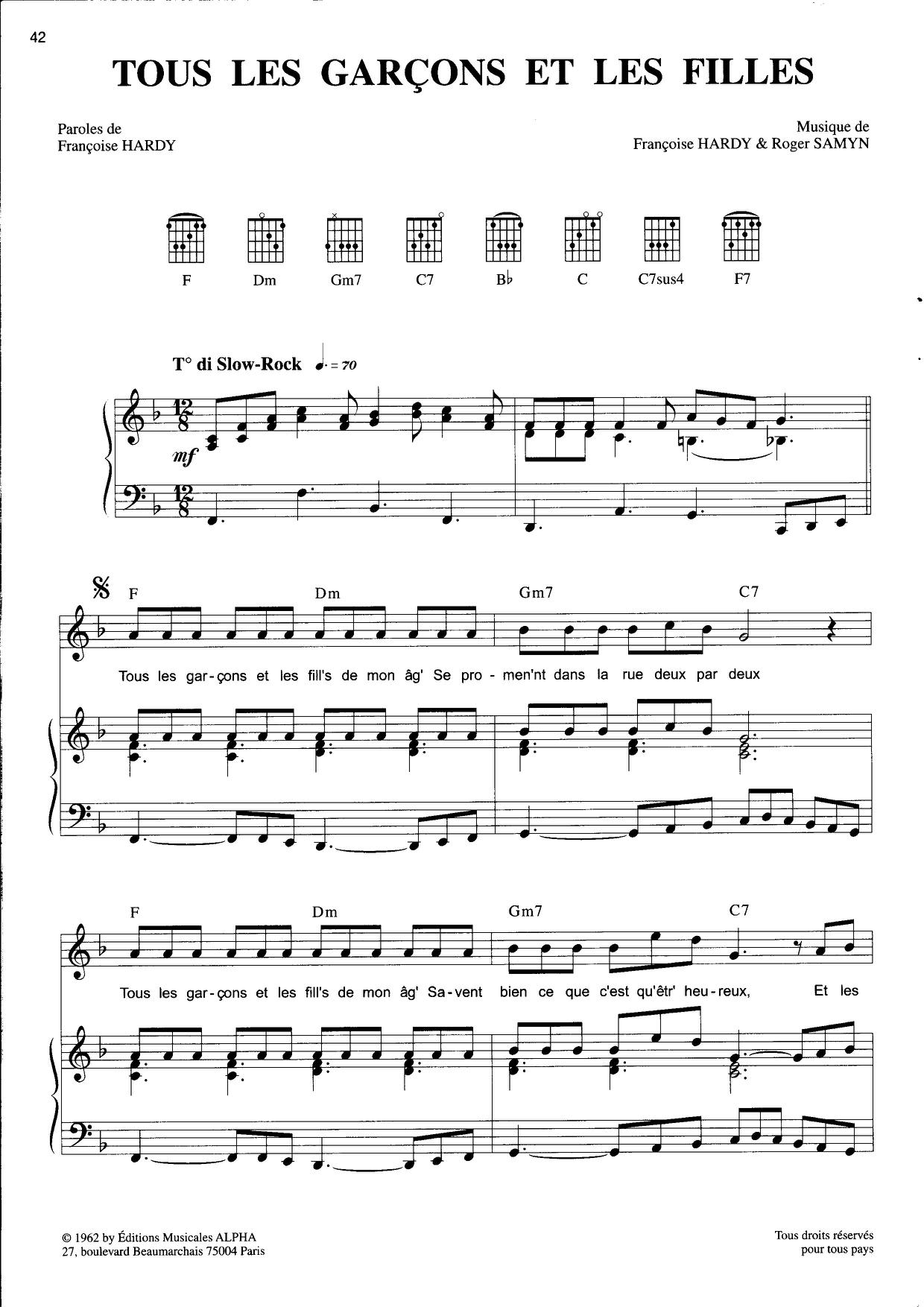 Françoise HardyTous Les Garçons Et Les Filles Sheet Music pdf, Free