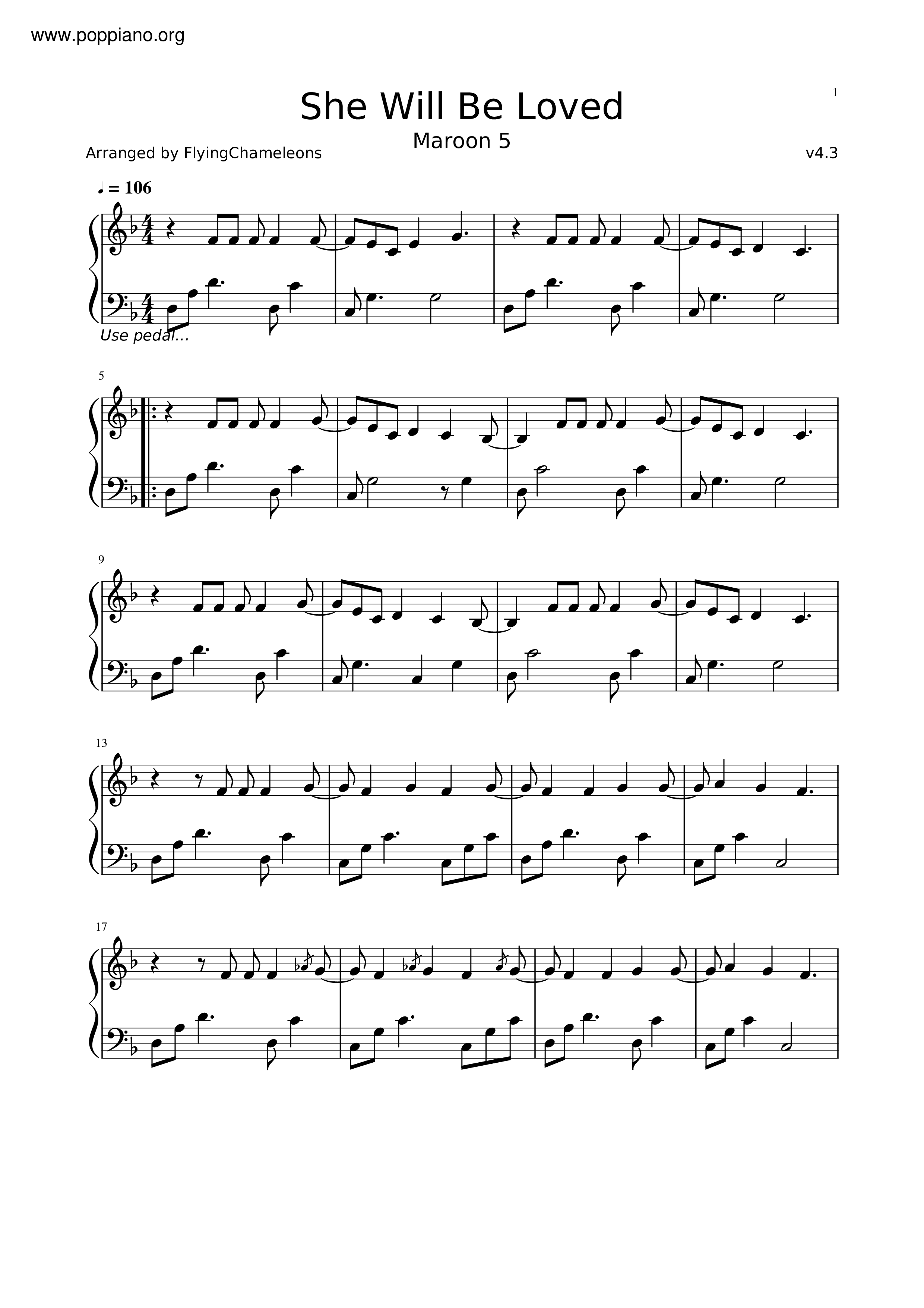 She Will Be Loved Score
