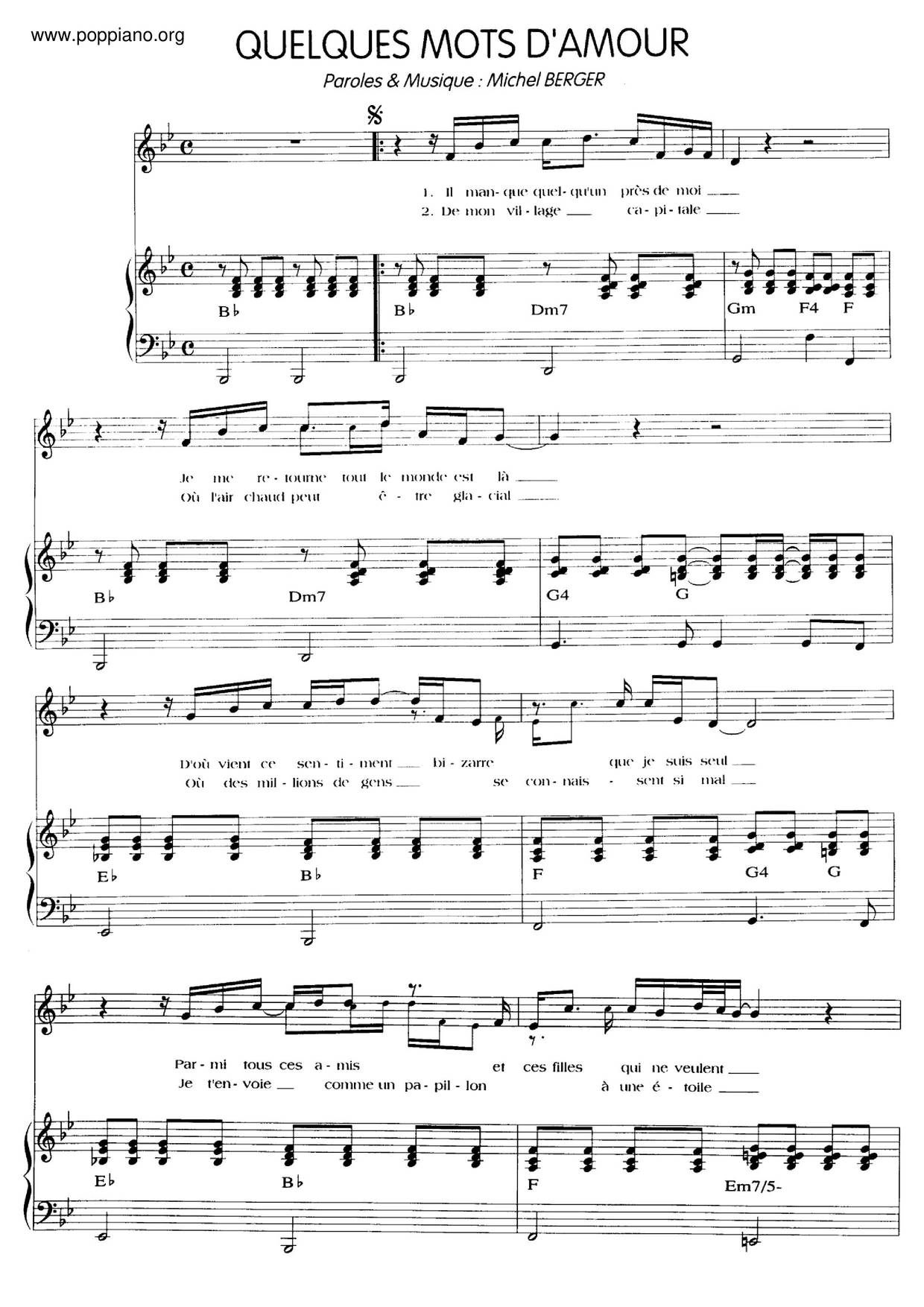 Quelques Mots D'amour Score