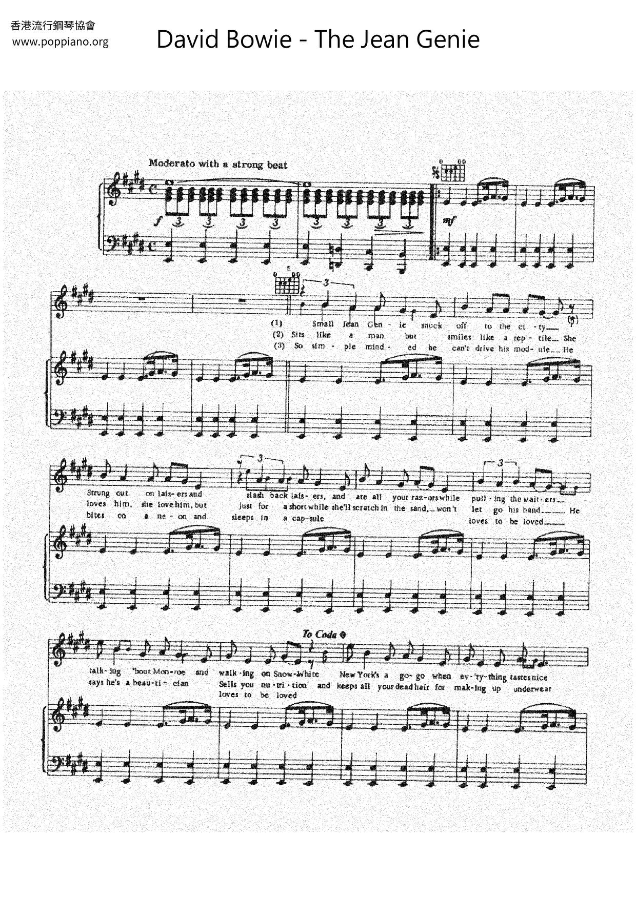 David BowieThe Jean Genie Sheet Music pdf, Free Score Download ★
