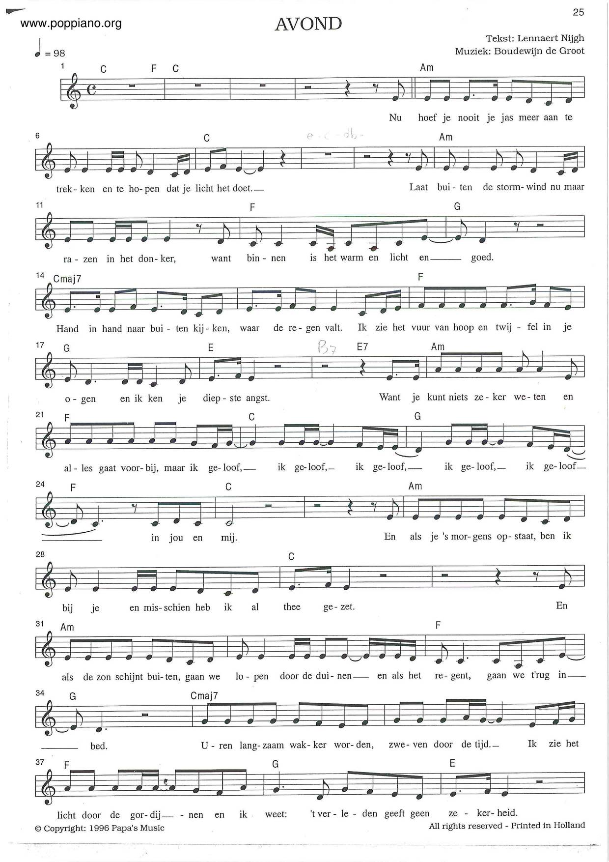 Boudewijn De GrootAvond Sheet Music pdf, Free Score Download ★ Boudewijn De GrootAvond Sheet Music pdf, Free Score Download ★