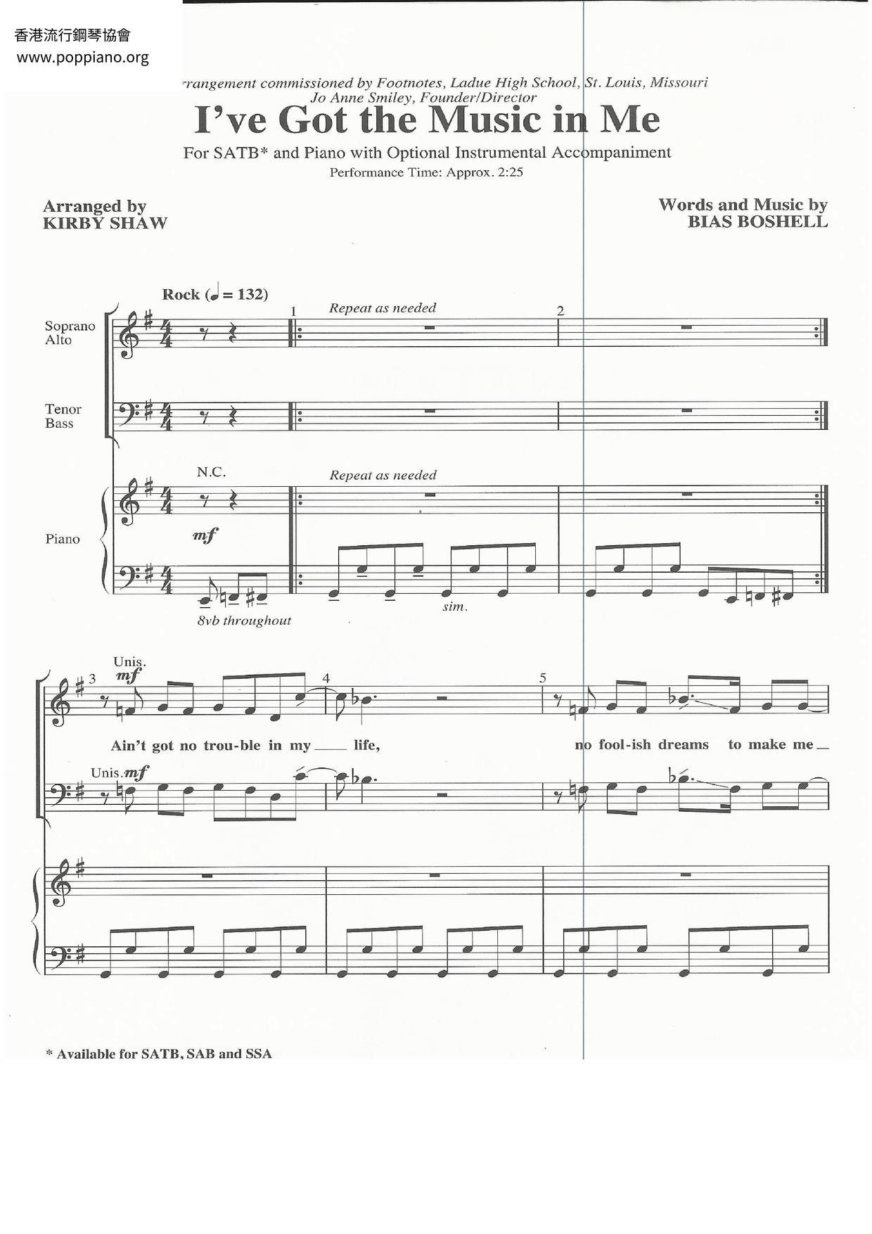 I've Got The Music In Me Score