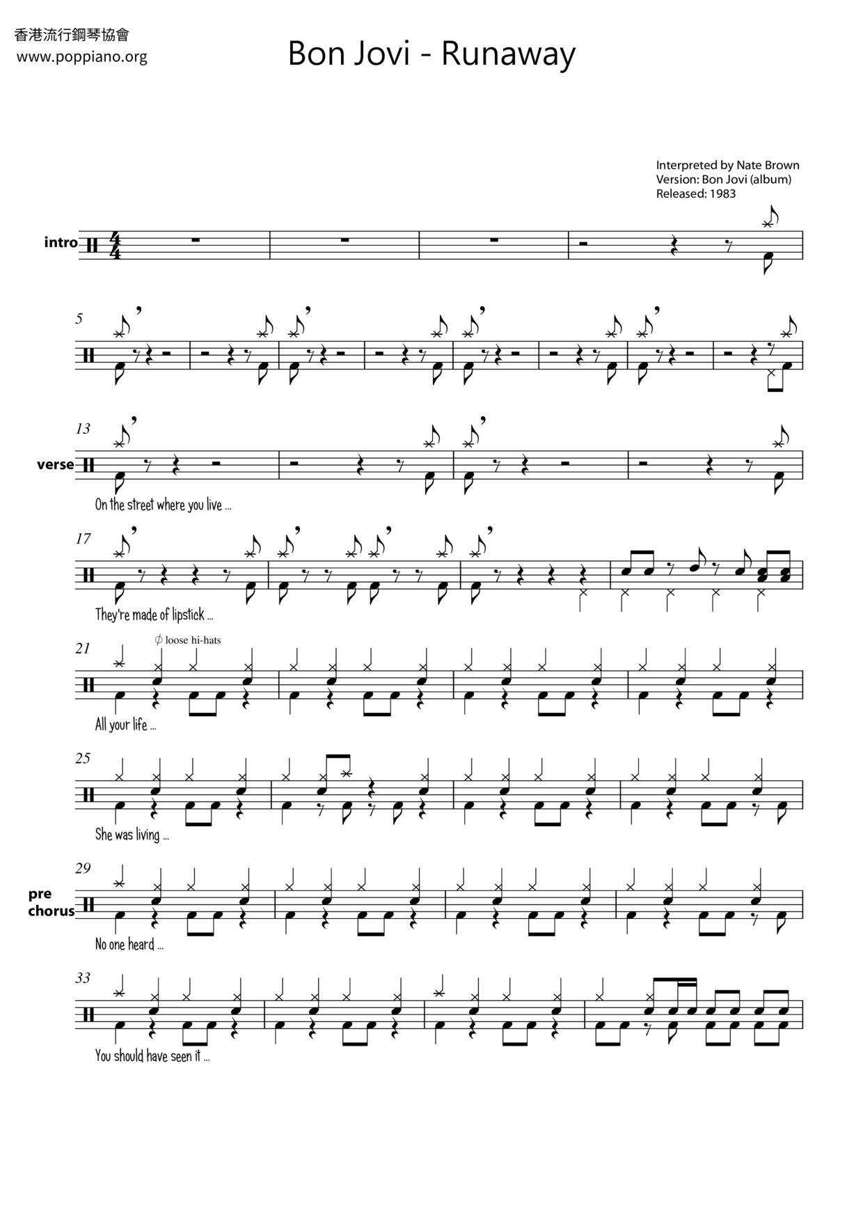 Bon JoviRunaway Drum Tab pdf, Free Score Download ★