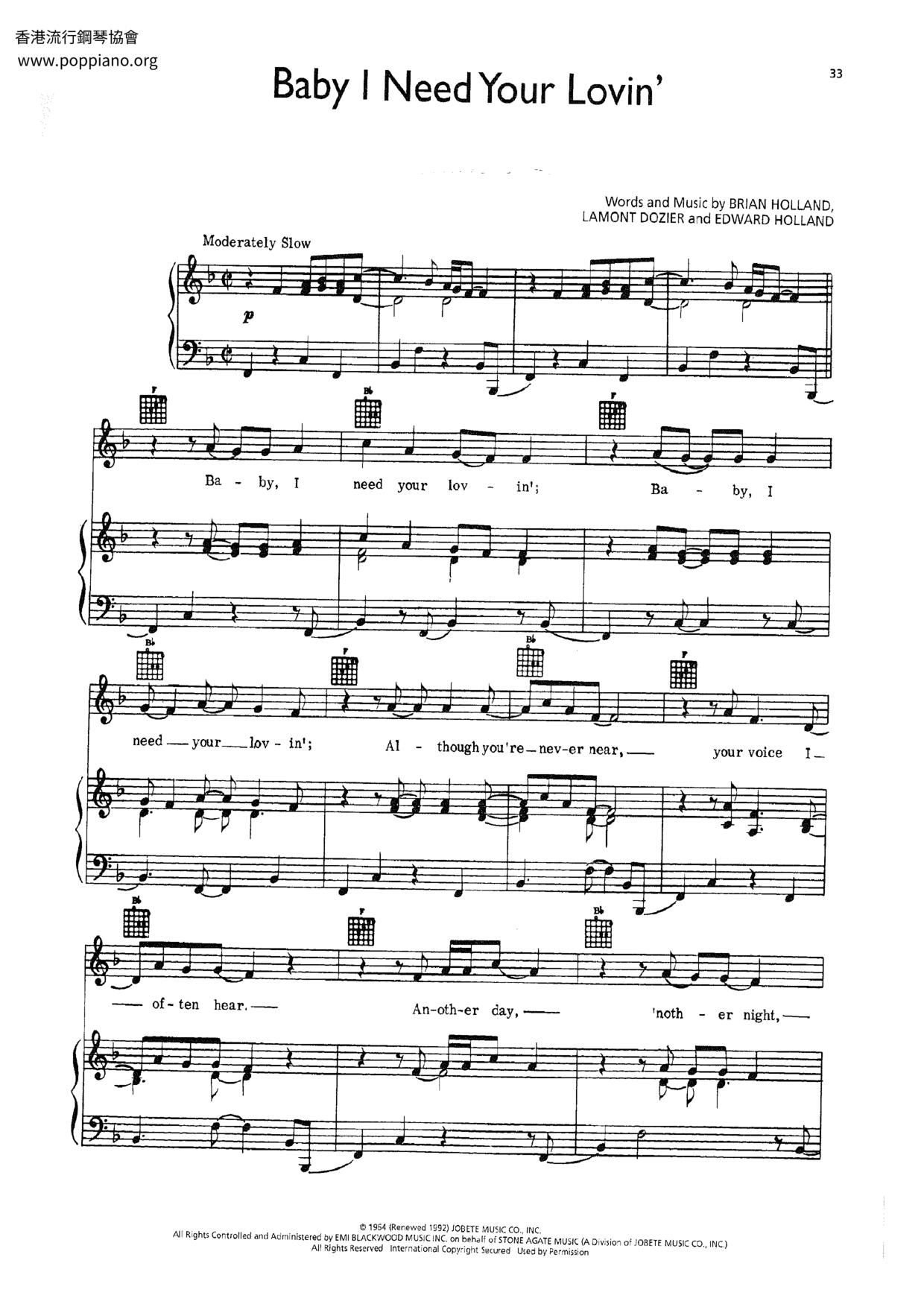 Baby I Need Your Lovin' Score