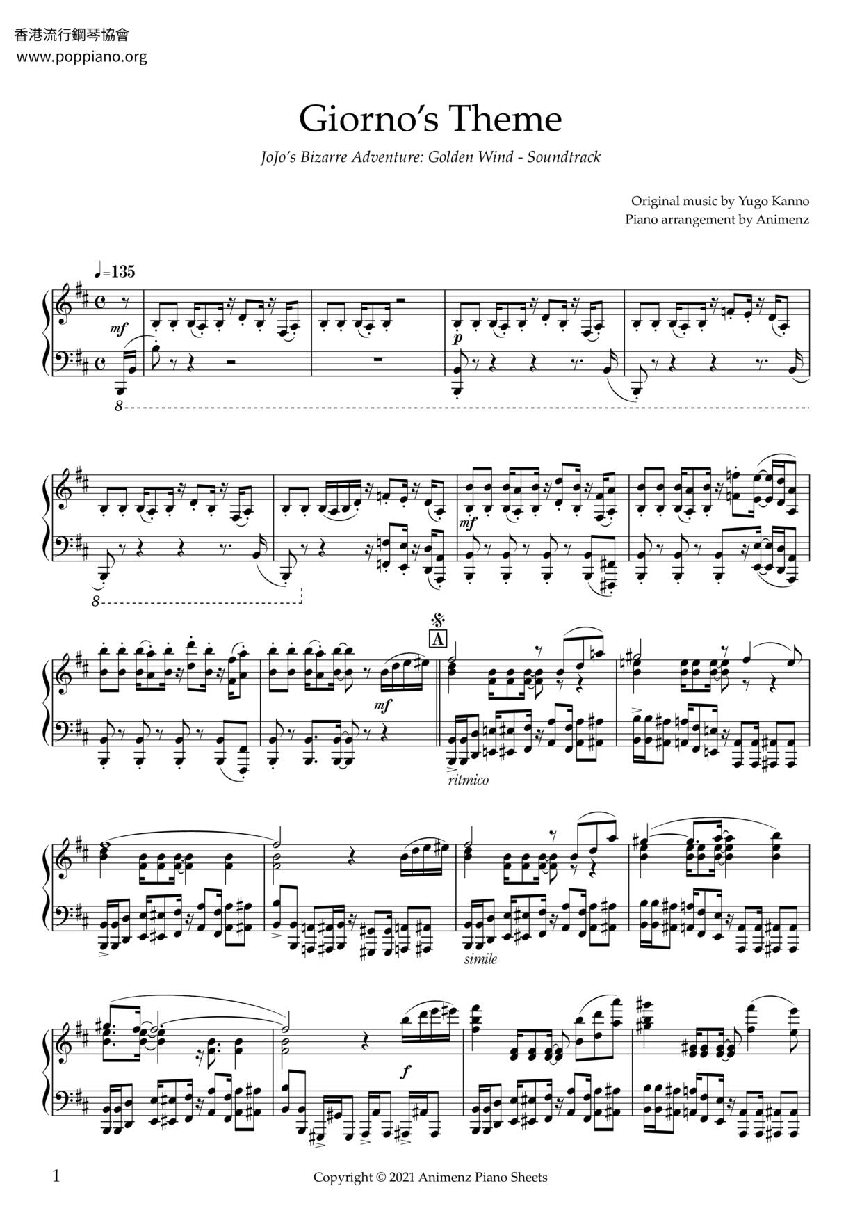 JoJo's Bizarre Adventure-Giorno's Theme Score