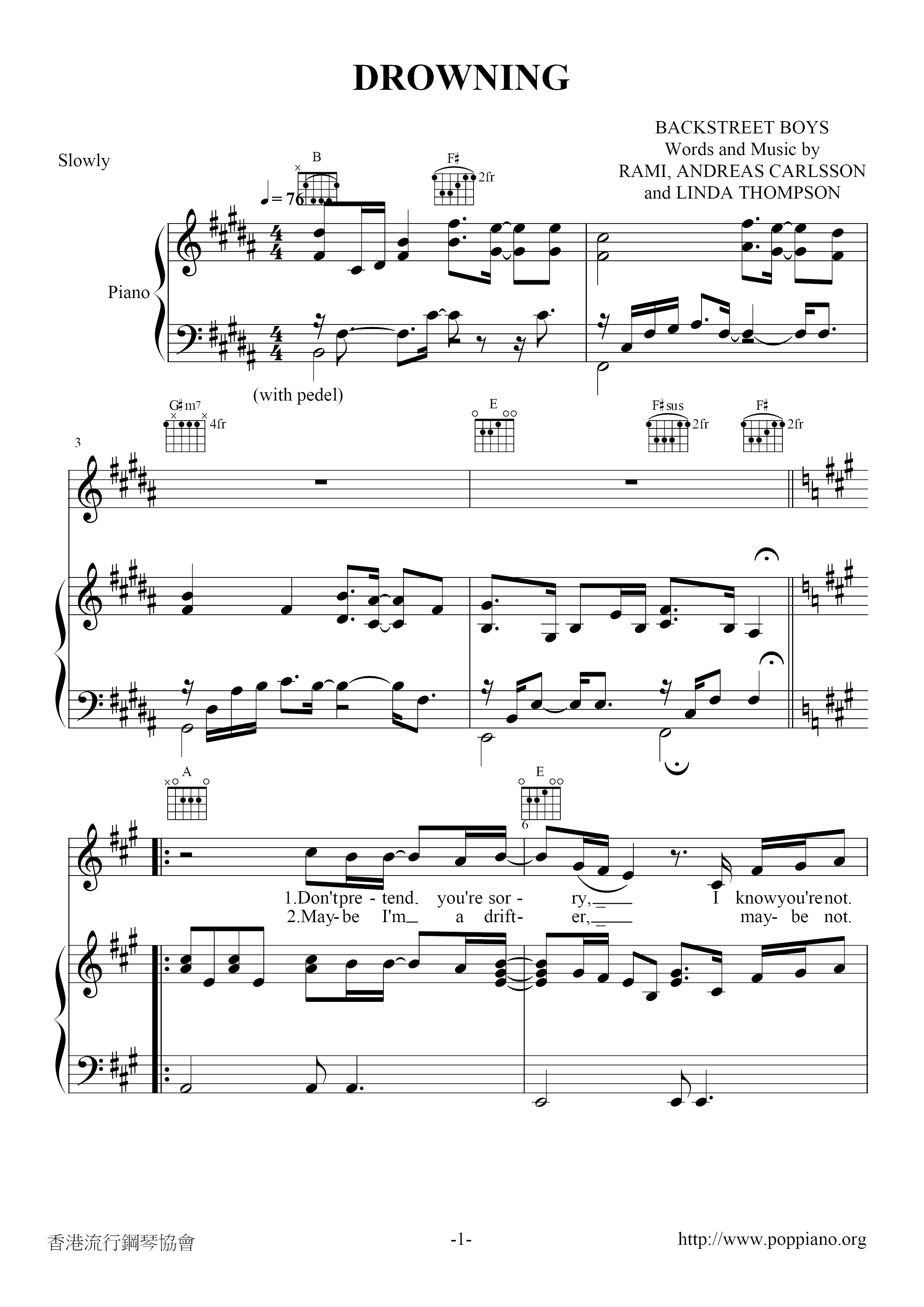 Backstreet BoysDrowning 琴譜pdf (バックストリート・ボーイズ)香港流行鋼琴協會琴譜下載 ★