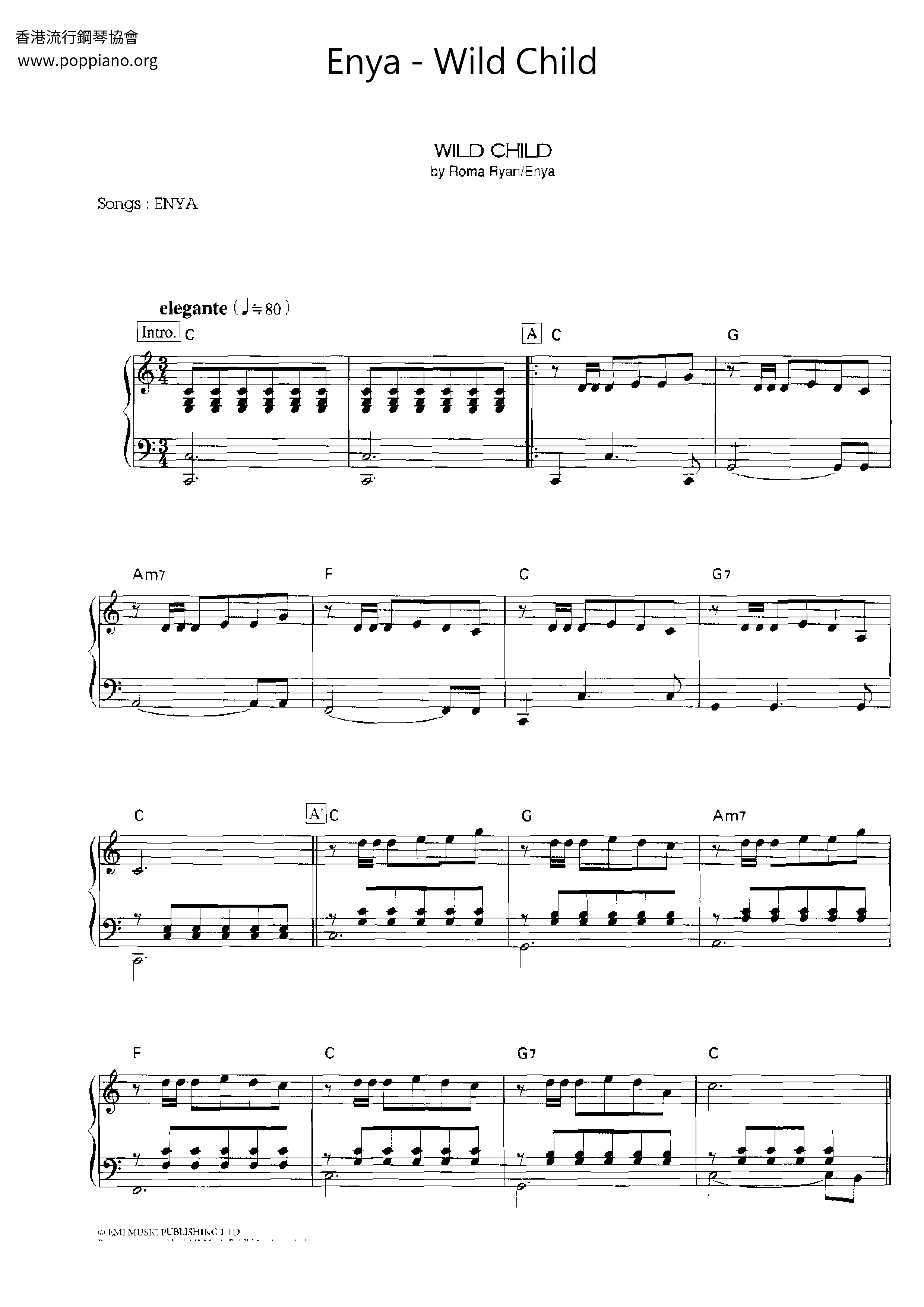 EnyaWild Child 琴譜pdf香港流行鋼琴協會琴譜下載 ★