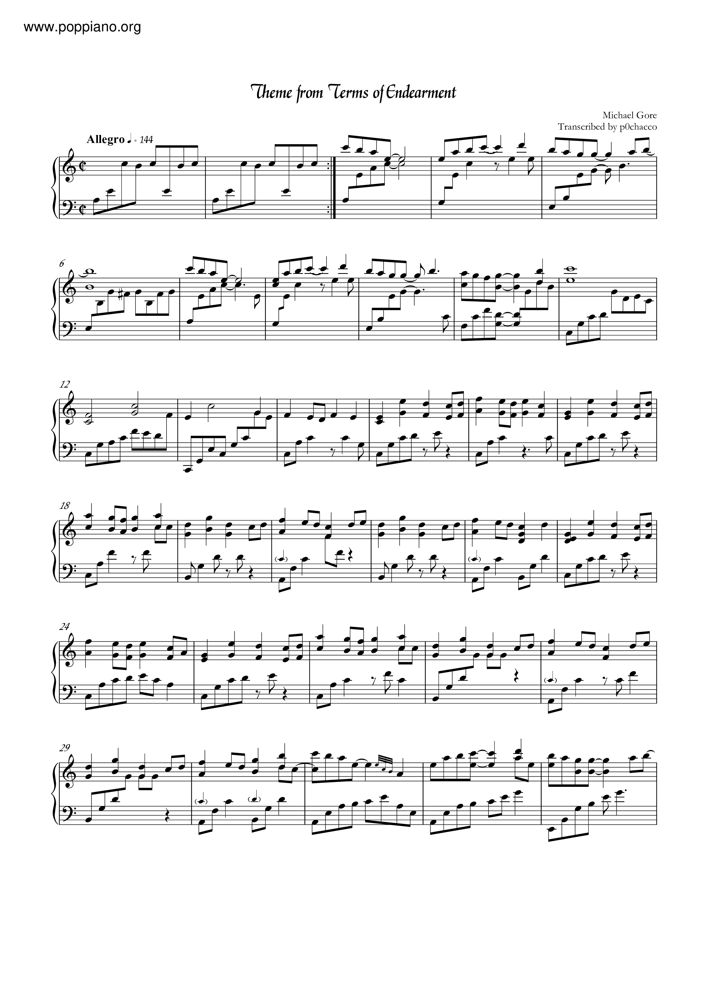 Theme From Terms Of Endearment琴譜