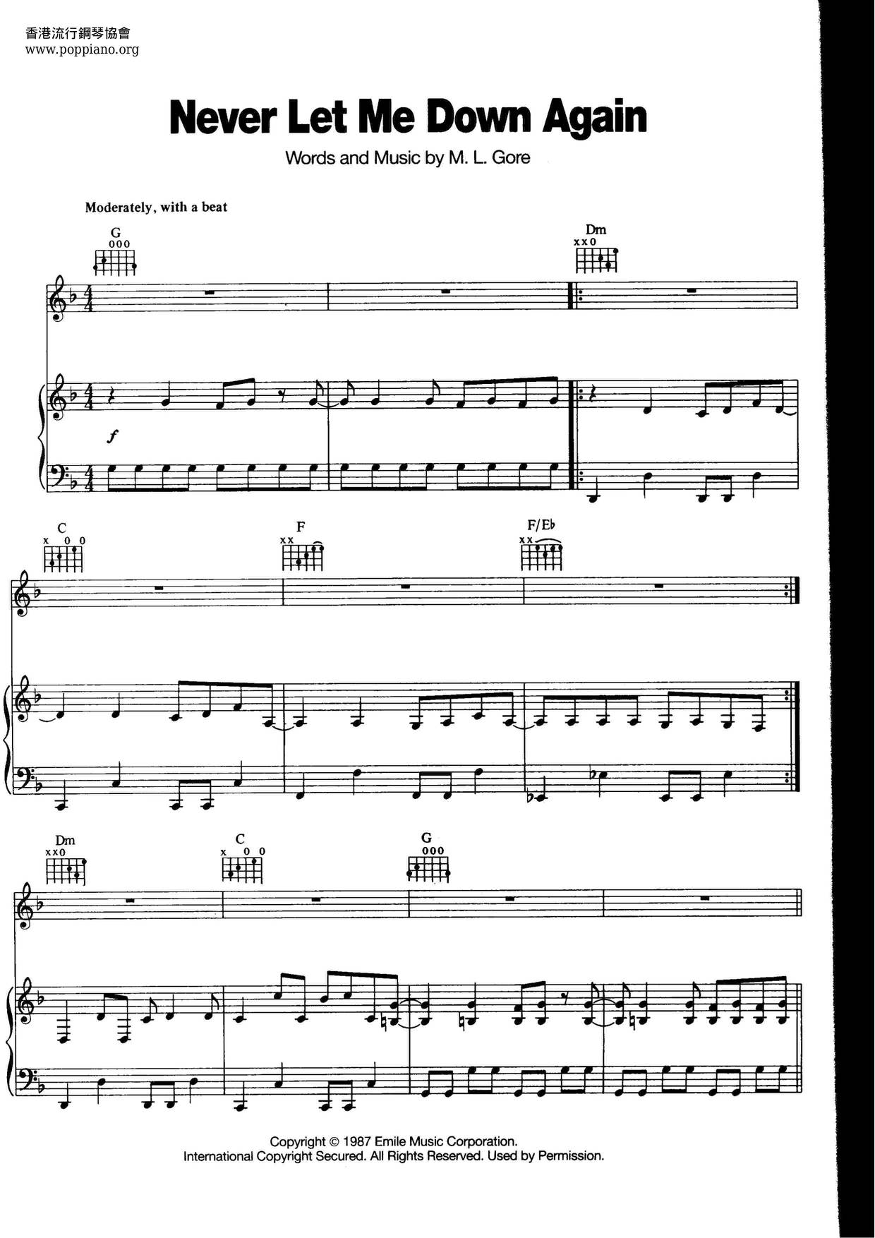 Depeche ModeNever Let Me Down Again 琴譜pdf香港流行鋼琴協會琴譜下載 ★
