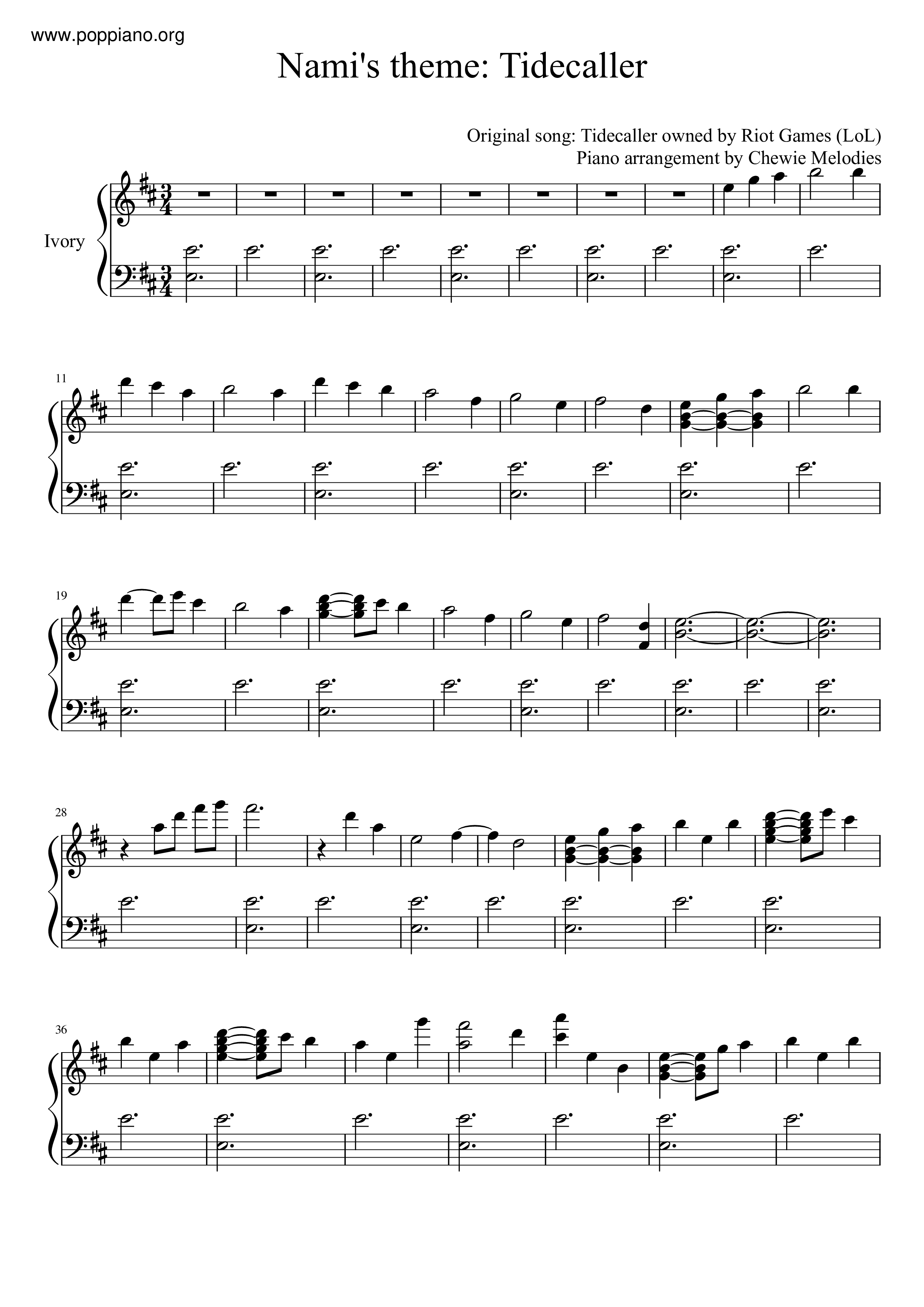 Nami's Theme - Tidecaller琴譜
