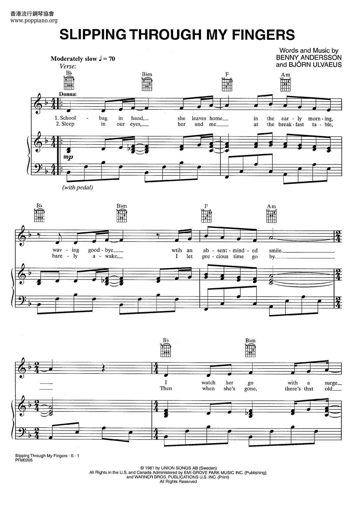 ABBASlipping Through My Fingers 琴譜pdf香港流行鋼琴協會琴譜下載 ★