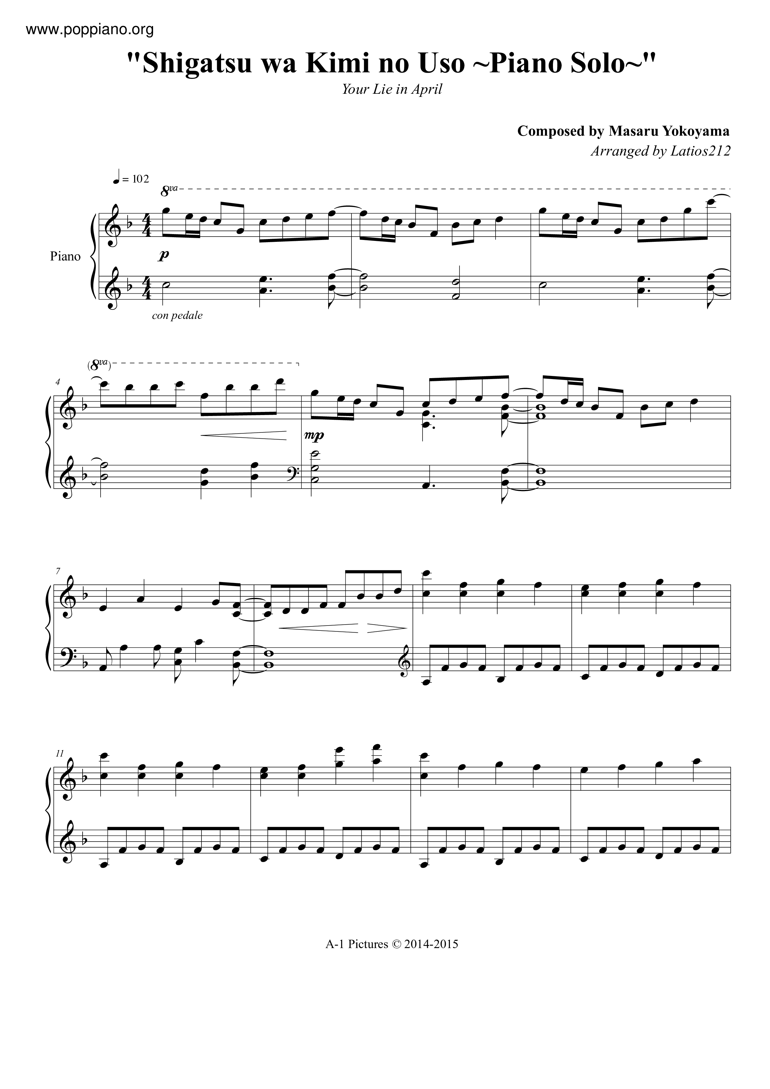 Shigatsu Wa Kimi No Uso琴譜