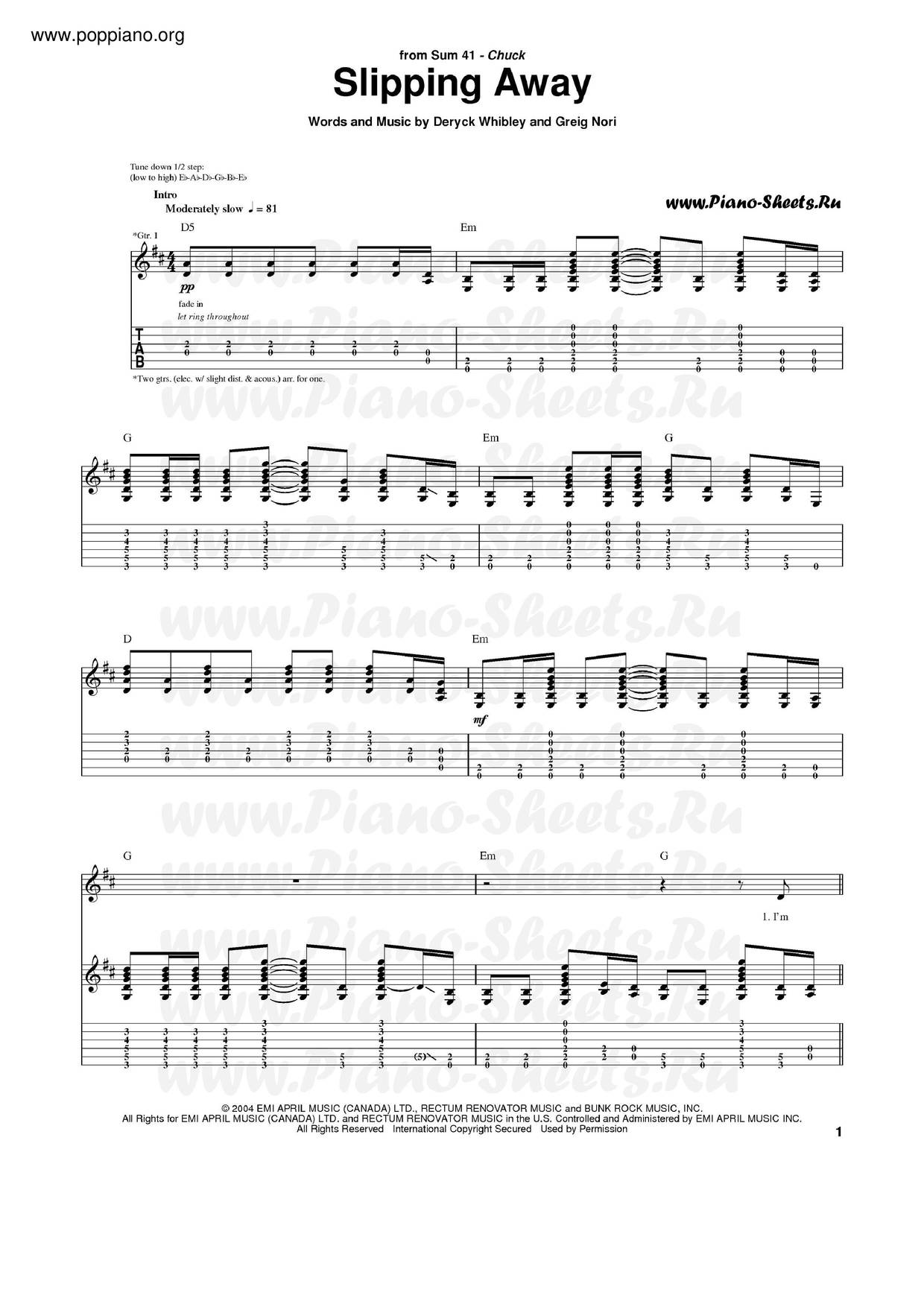 Sum 41Slipping Away 琴譜pdf香港流行鋼琴協會琴譜下載 ★