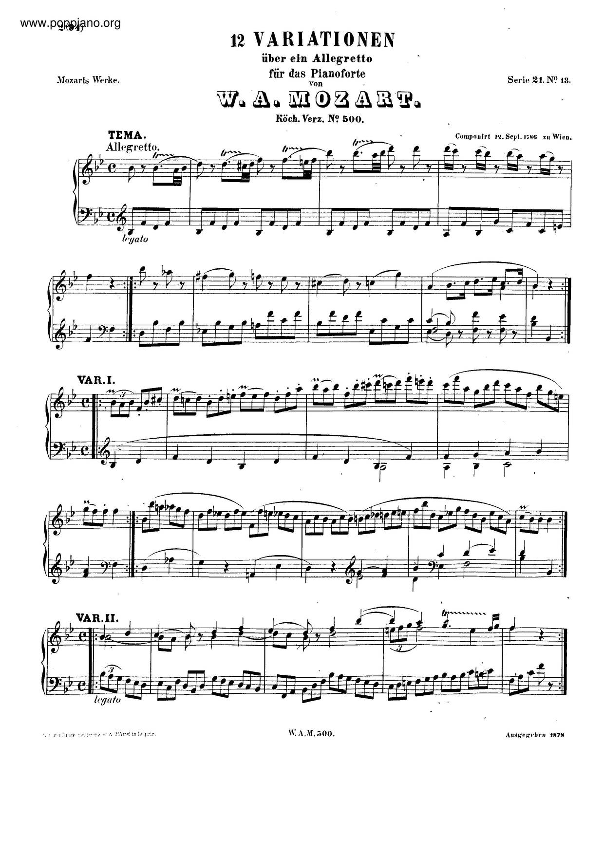 12 Variations In B-Flat Major, K. 500琴譜
