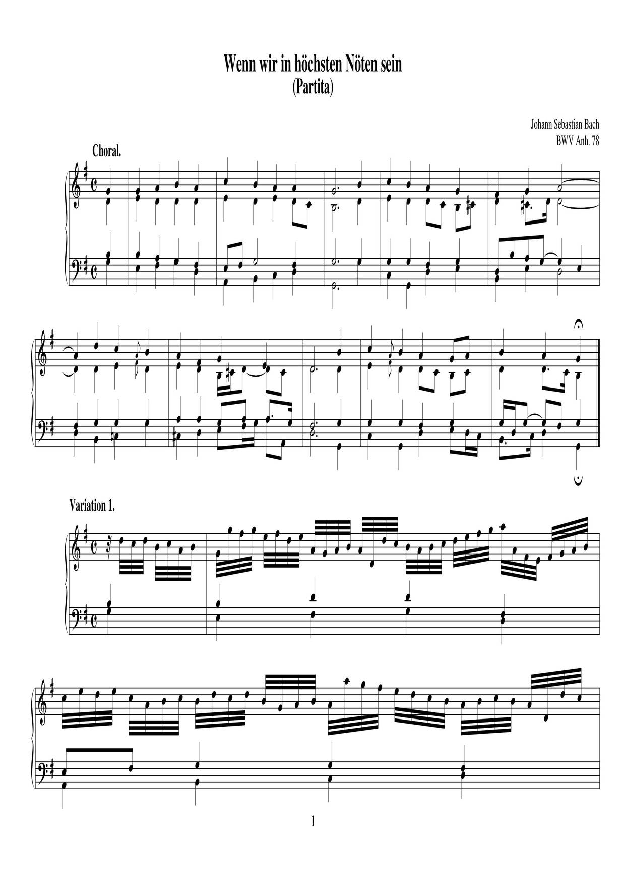 Wenn Wir In Höchsten Nöten Sein, BWV Anh. 78琴譜