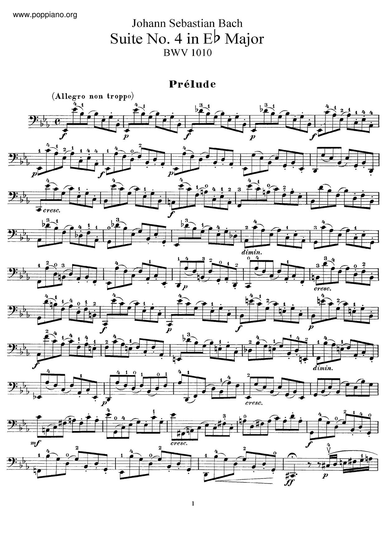 Cello Suite No. 4 In E-Flat Major, BWV 1010琴譜