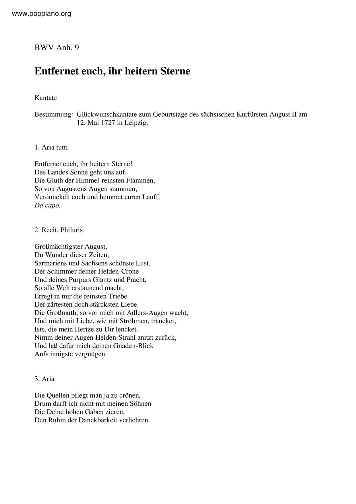 Entfernet Euch, Ihr Heitern Sterne, BWV Anh. 9琴譜