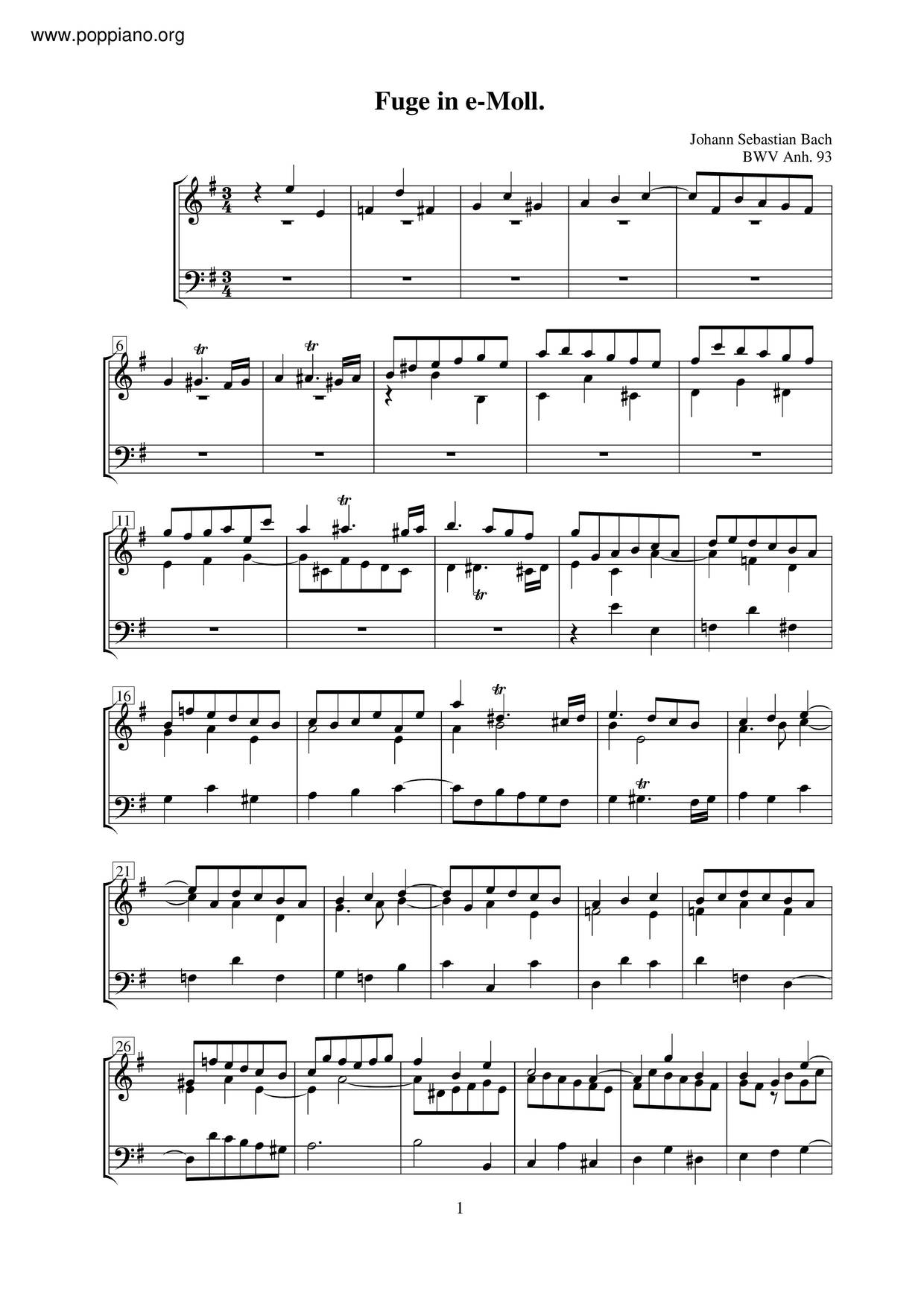 Fugue In E Minor, BWV Anh. 93琴譜