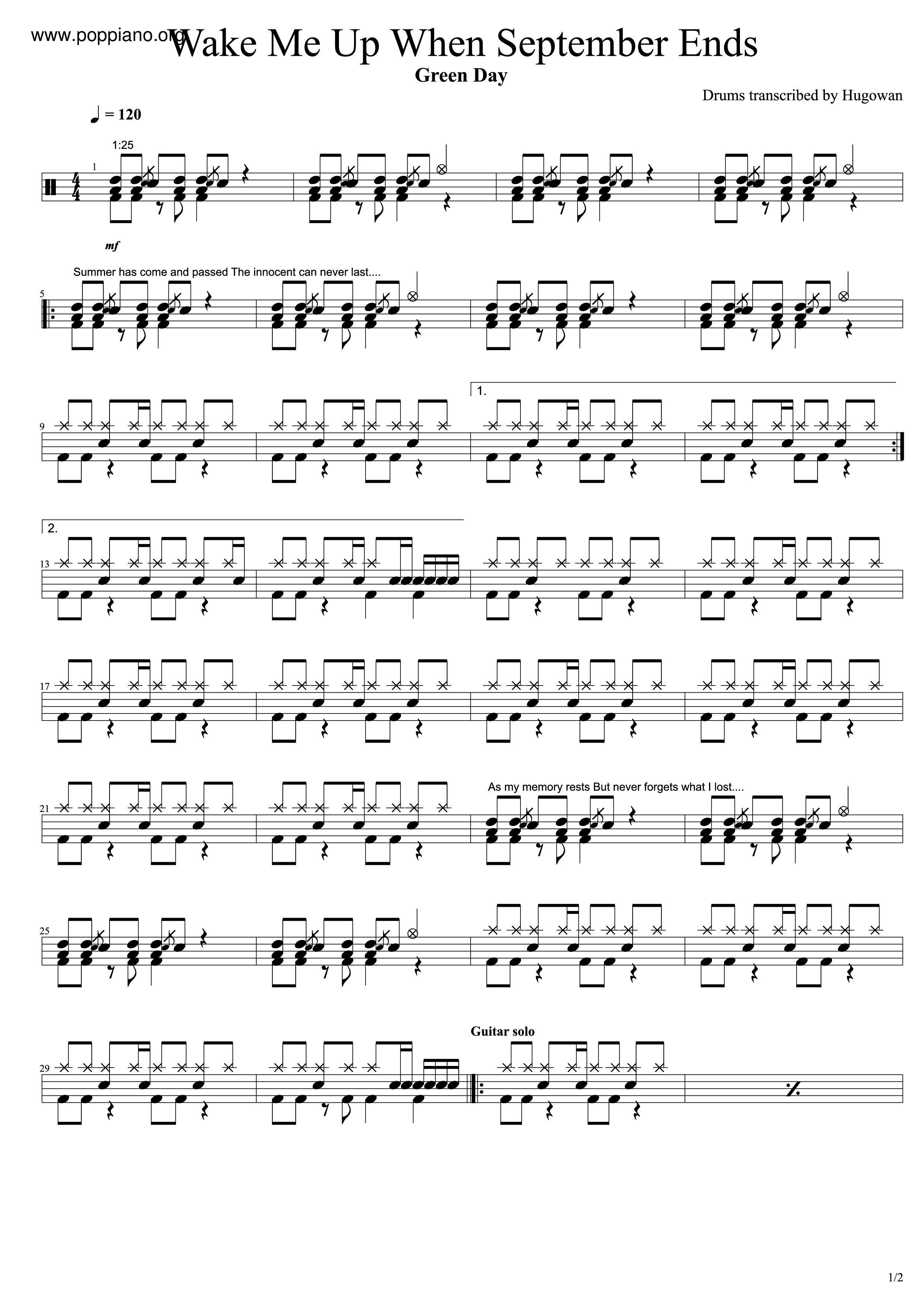 Green DayWake Me Up When September Ends 鼓譜pdf香港流行鋼琴協會琴譜下載 ★