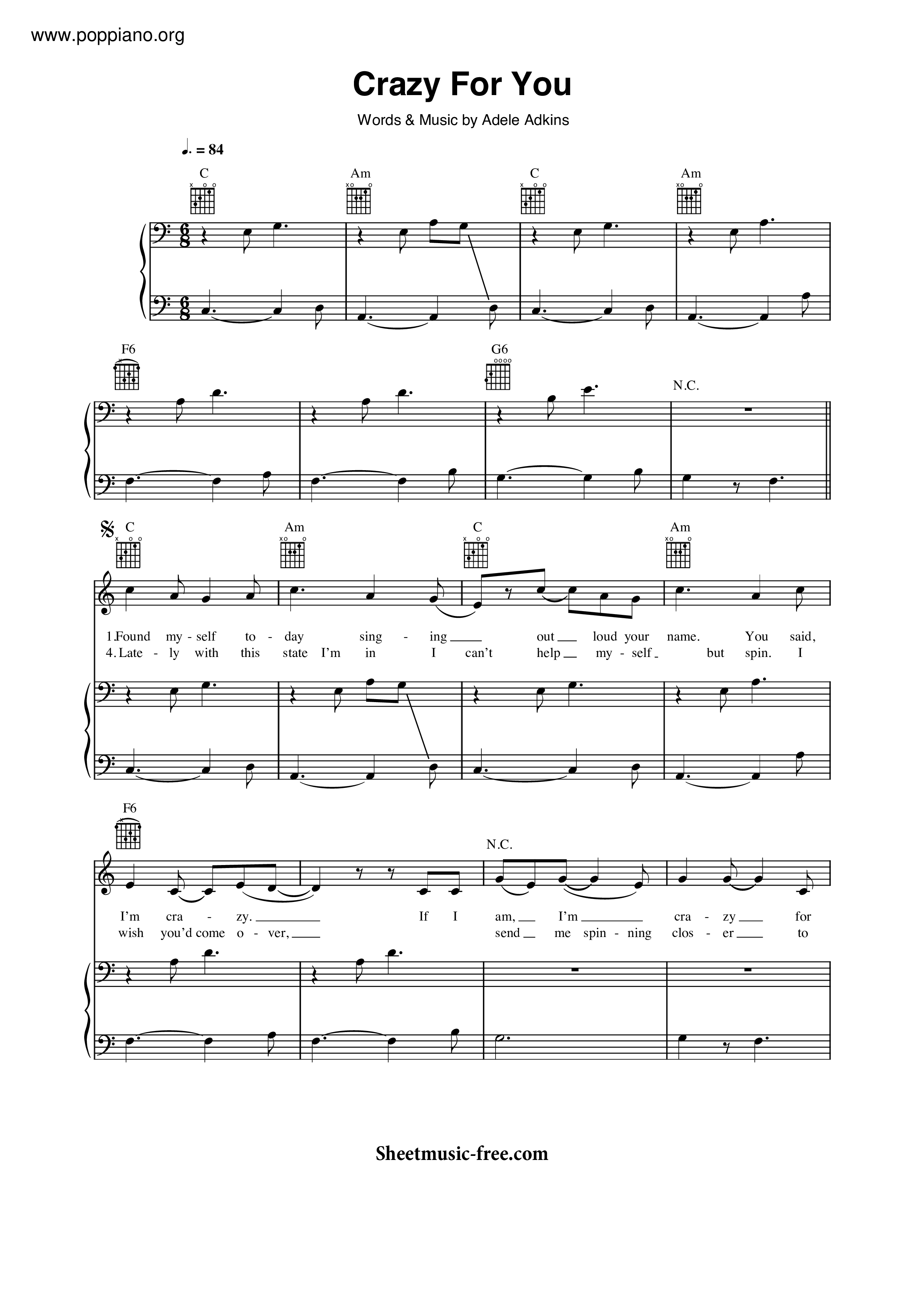AdeleCrazy For You 琴譜pdf香港流行鋼琴協會琴譜下載 ★