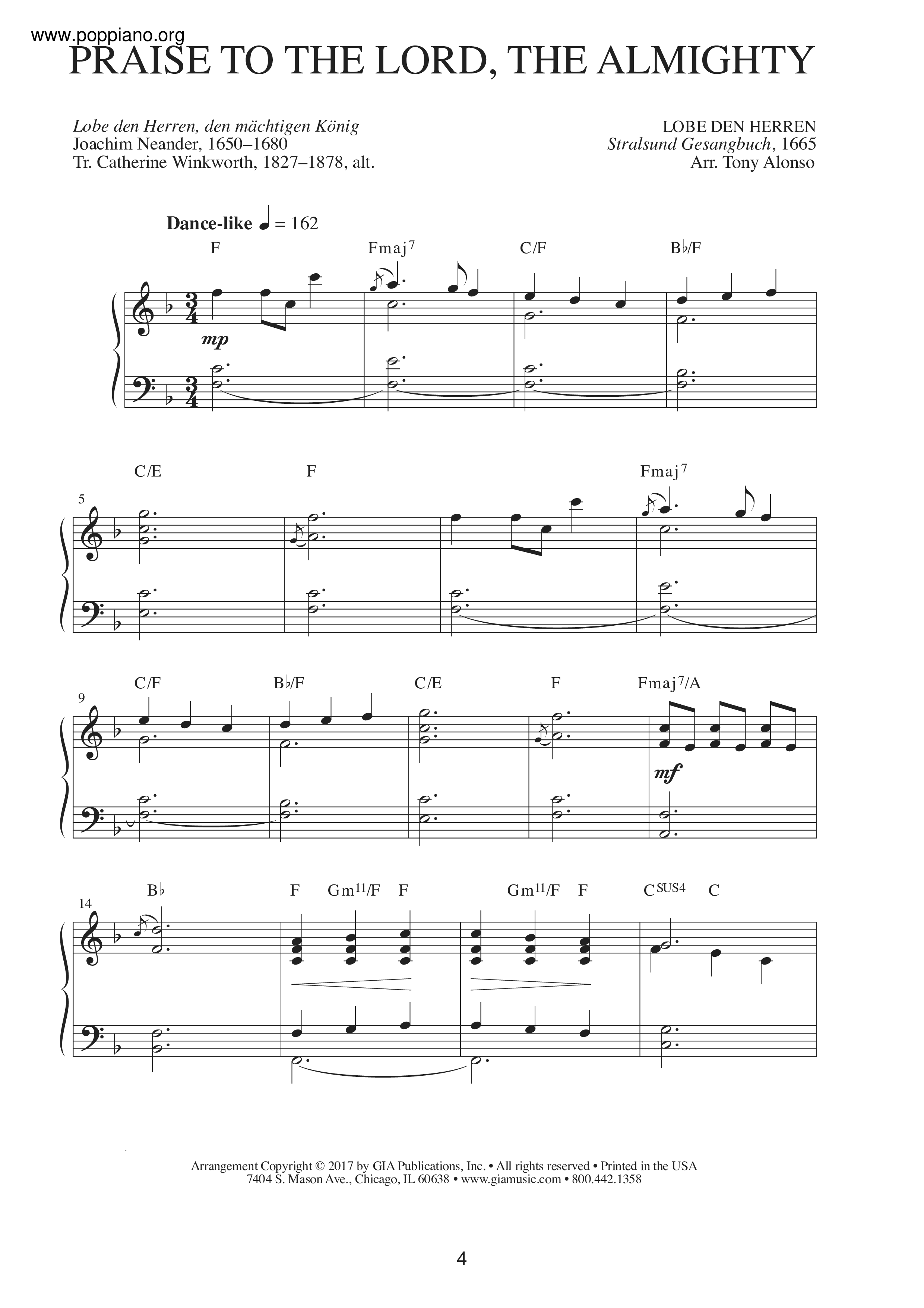 Praise To The Lord, The Almighty琴譜