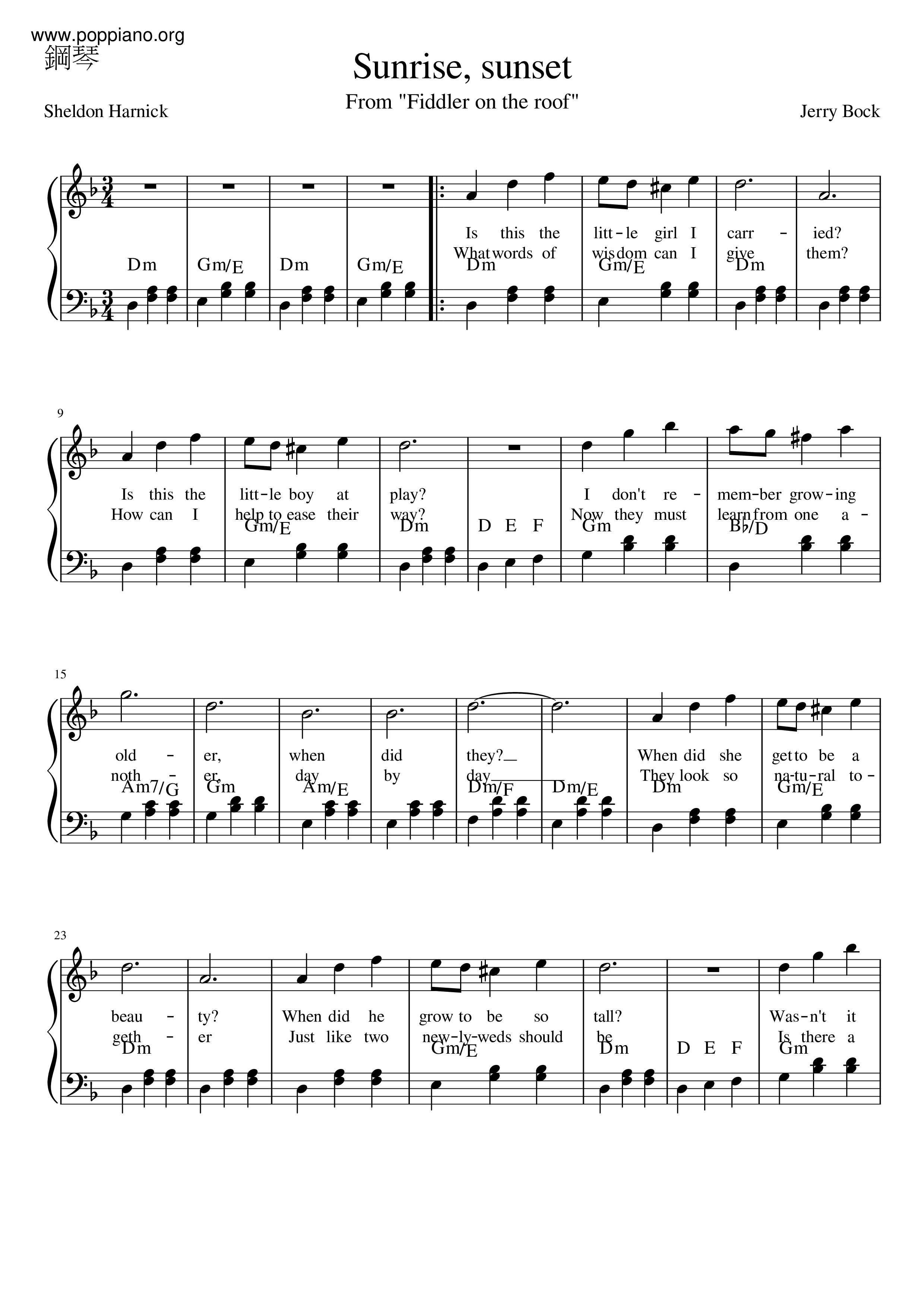 Fiddler On The Roof - Sunrise, Sunset琴譜