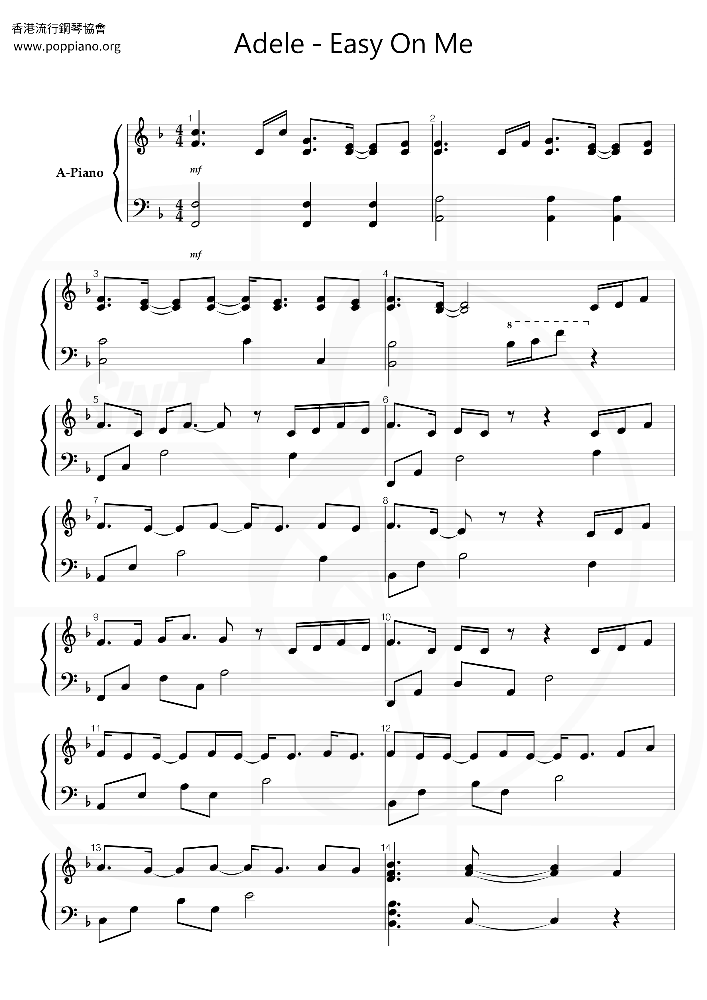 AdeleEasy On Me 琴譜pdf香港流行鋼琴協會琴譜下載 ★