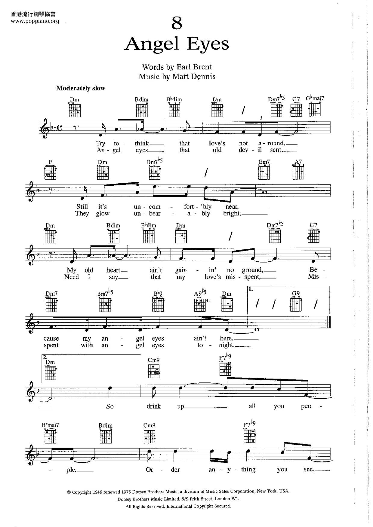 Frank Sinatra Angel Eyes 琴譜pdf 香港流行鋼琴協會琴譜下載