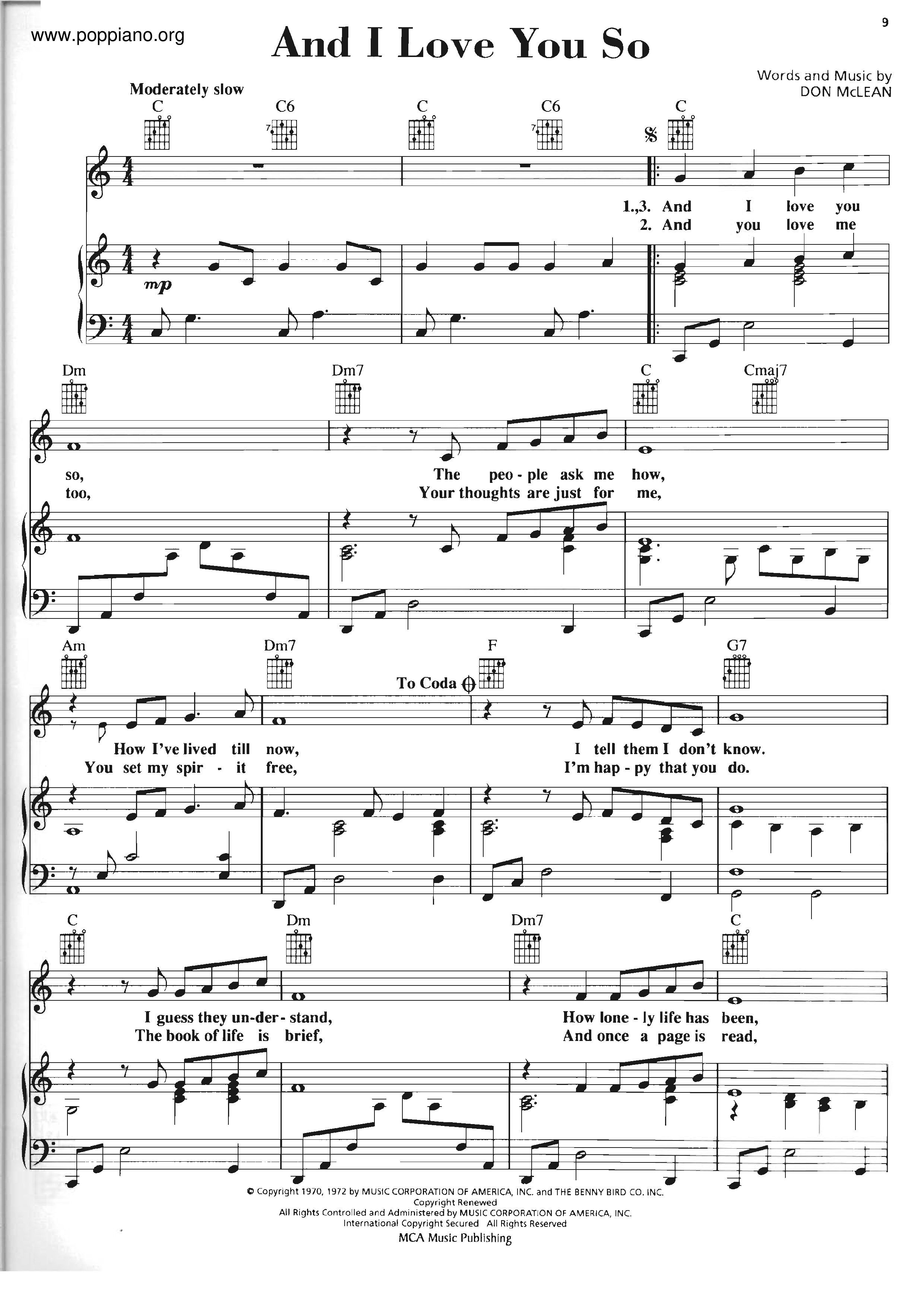 Don McLeanAnd I Love You So 琴譜pdf香港流行鋼琴協會琴譜下載 ★