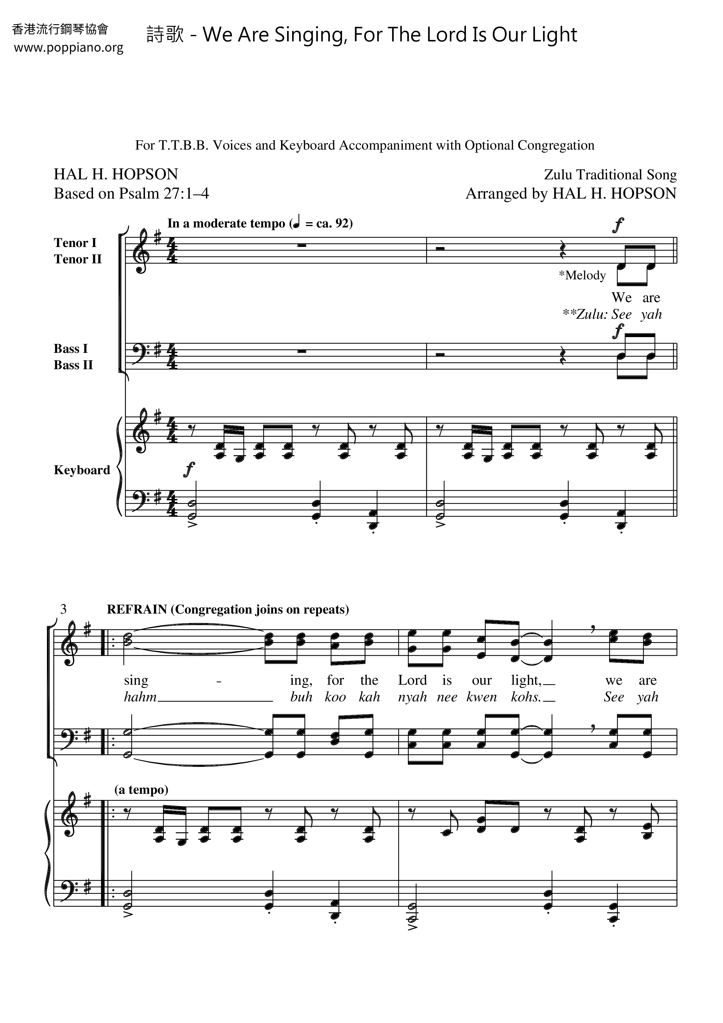 We Are Singing, For The Lord Is Our Light琴譜