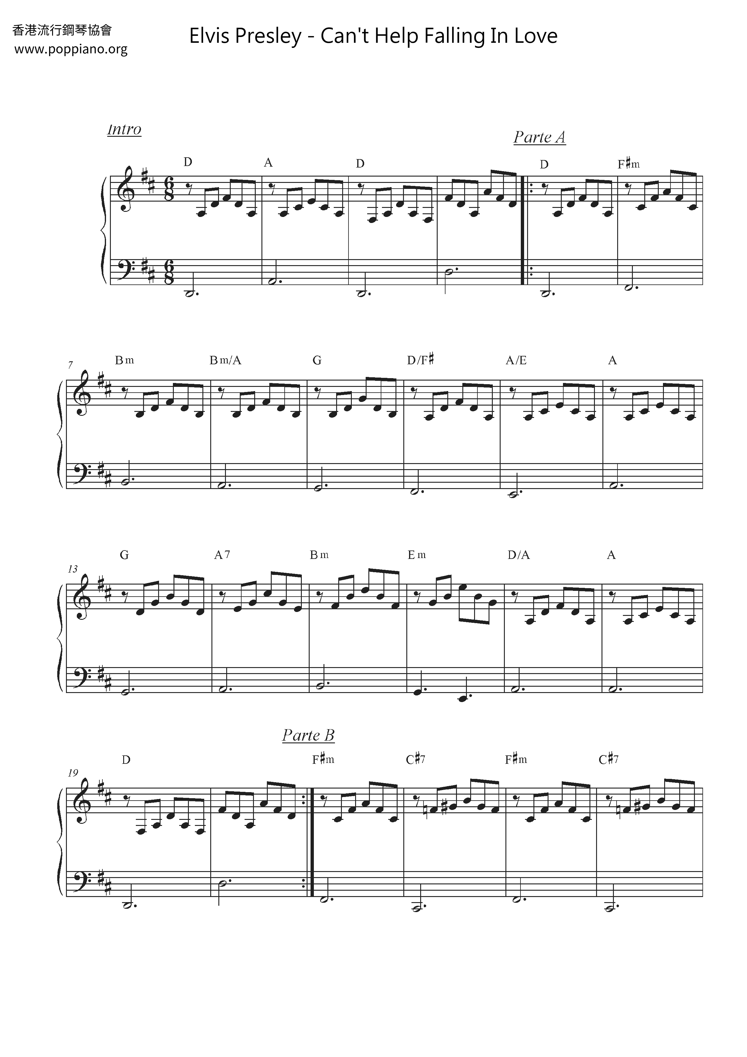 Can't Help Falling In Love琴譜