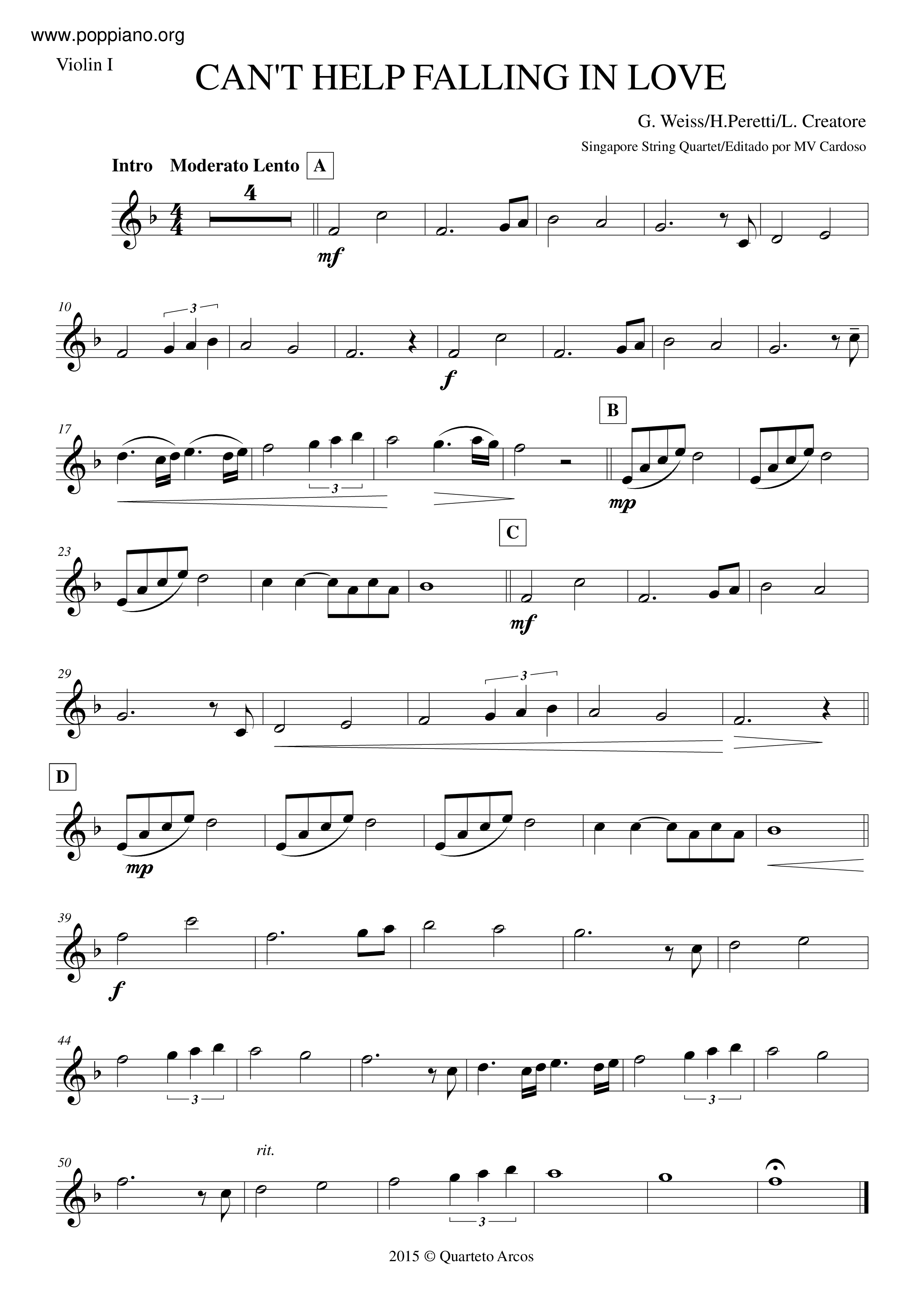 Elvis PresleyCan't Help Falling In Love 琴譜pdf香港流行鋼琴協會琴譜下載 ★