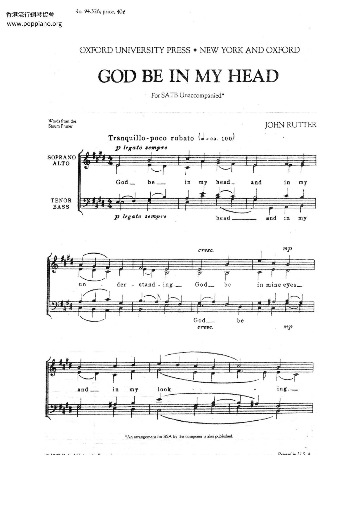 God Be In My Head琴譜