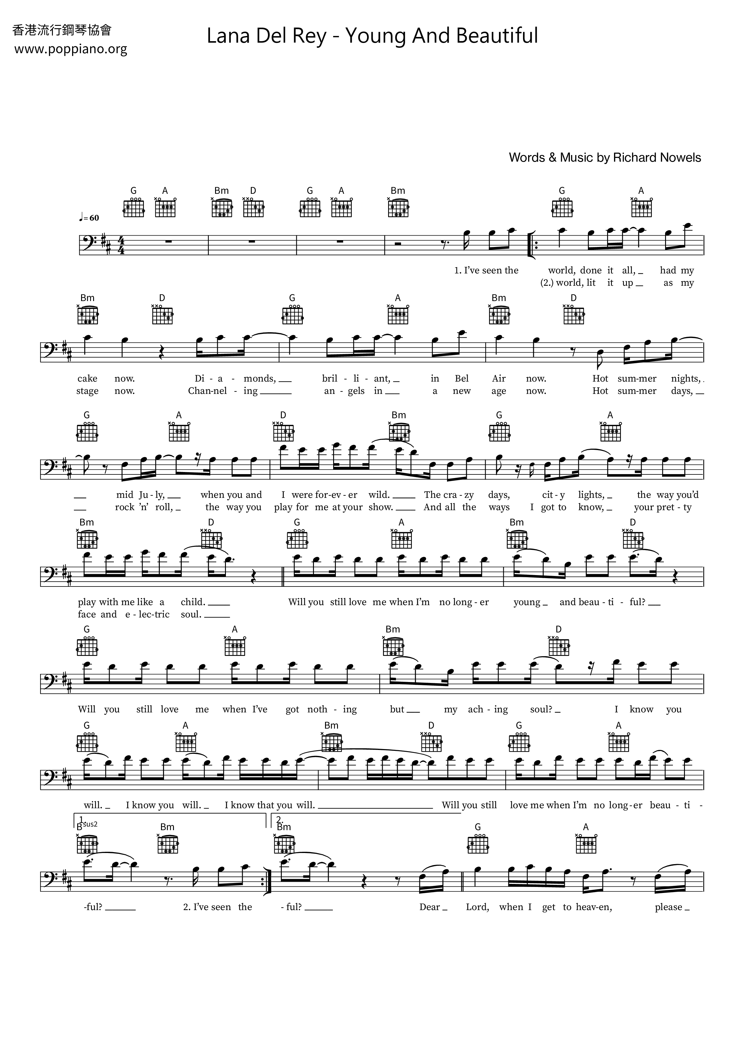 Lana Del ReyYoung And Beautiful 琴譜pdf香港流行鋼琴協會琴譜下載 ★