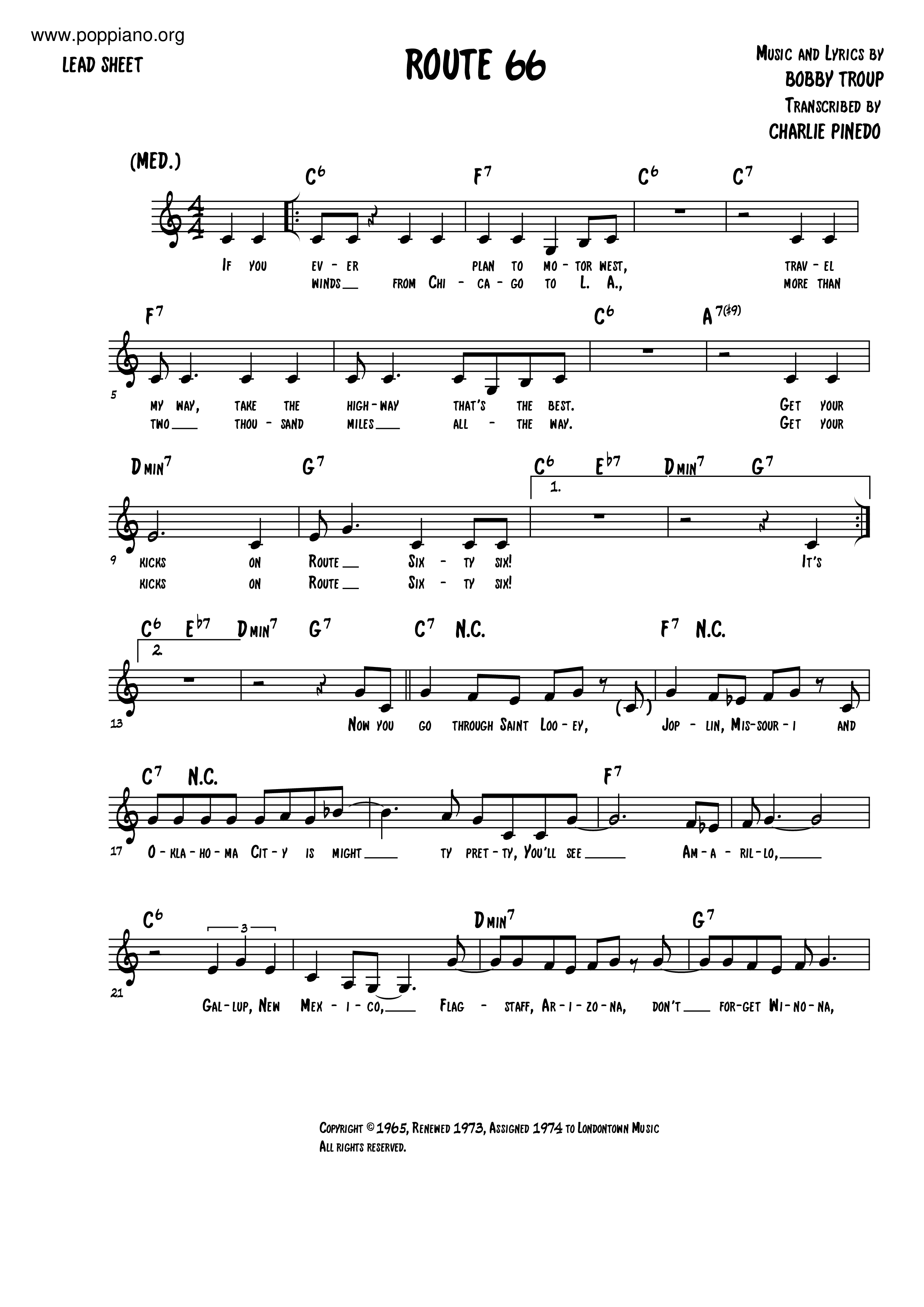 Route 66 (Bobby Troup)琴譜
