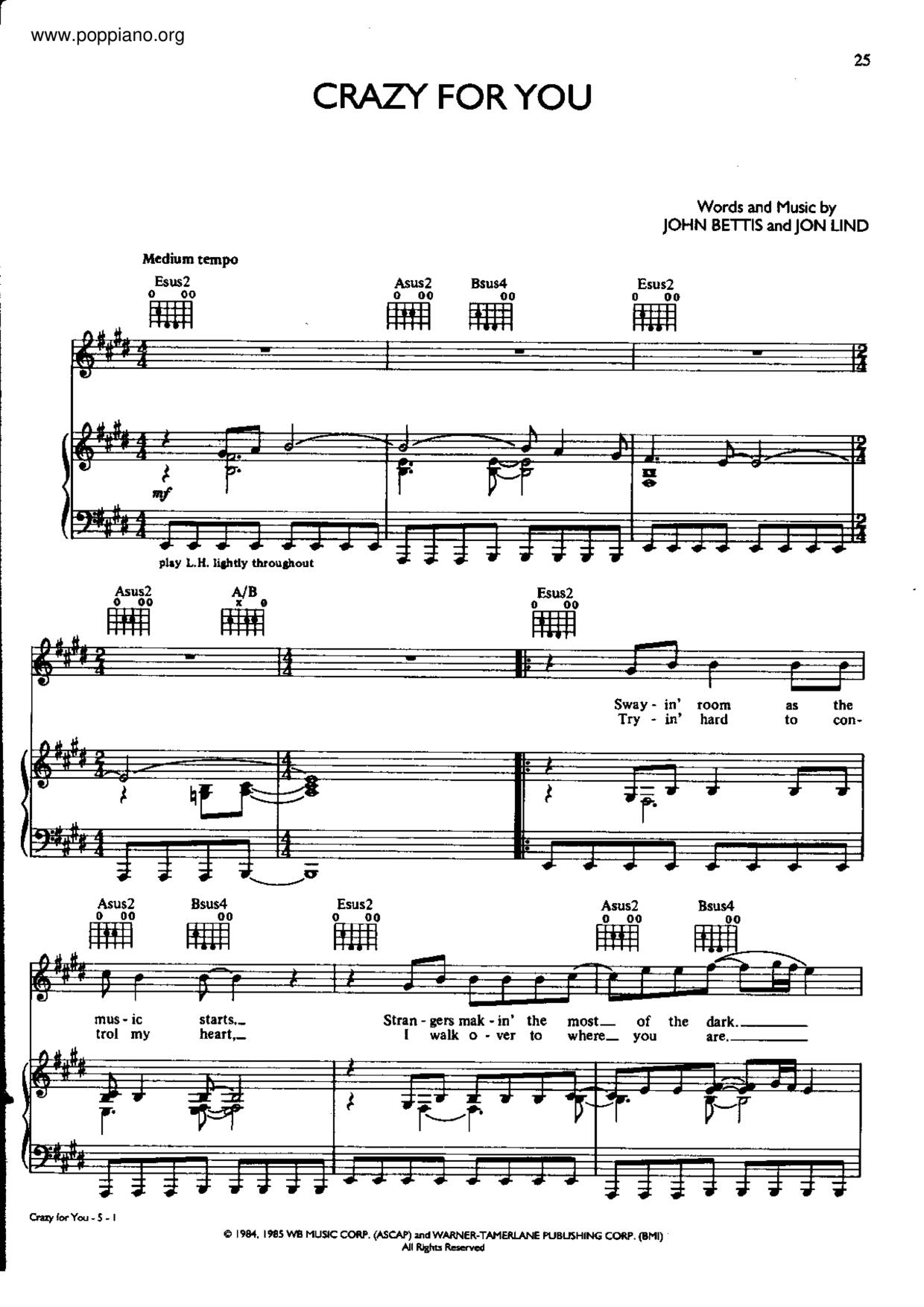 MadonnaCrazy For You 琴譜pdf香港流行鋼琴協會琴譜下載 ★