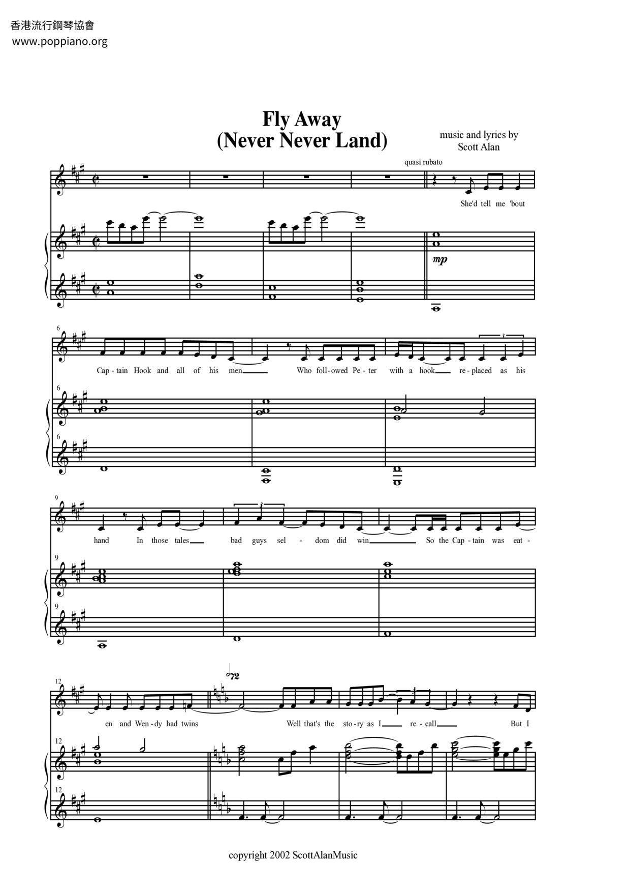 Fly Away (Never Never Land)琴譜