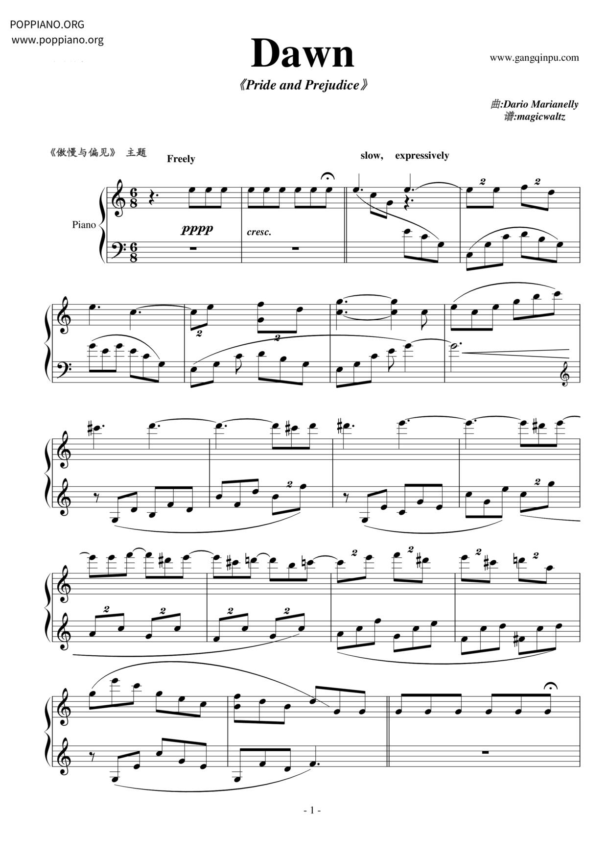 Dawn / Georgiana (Pride And Prejudice)ピアノ譜