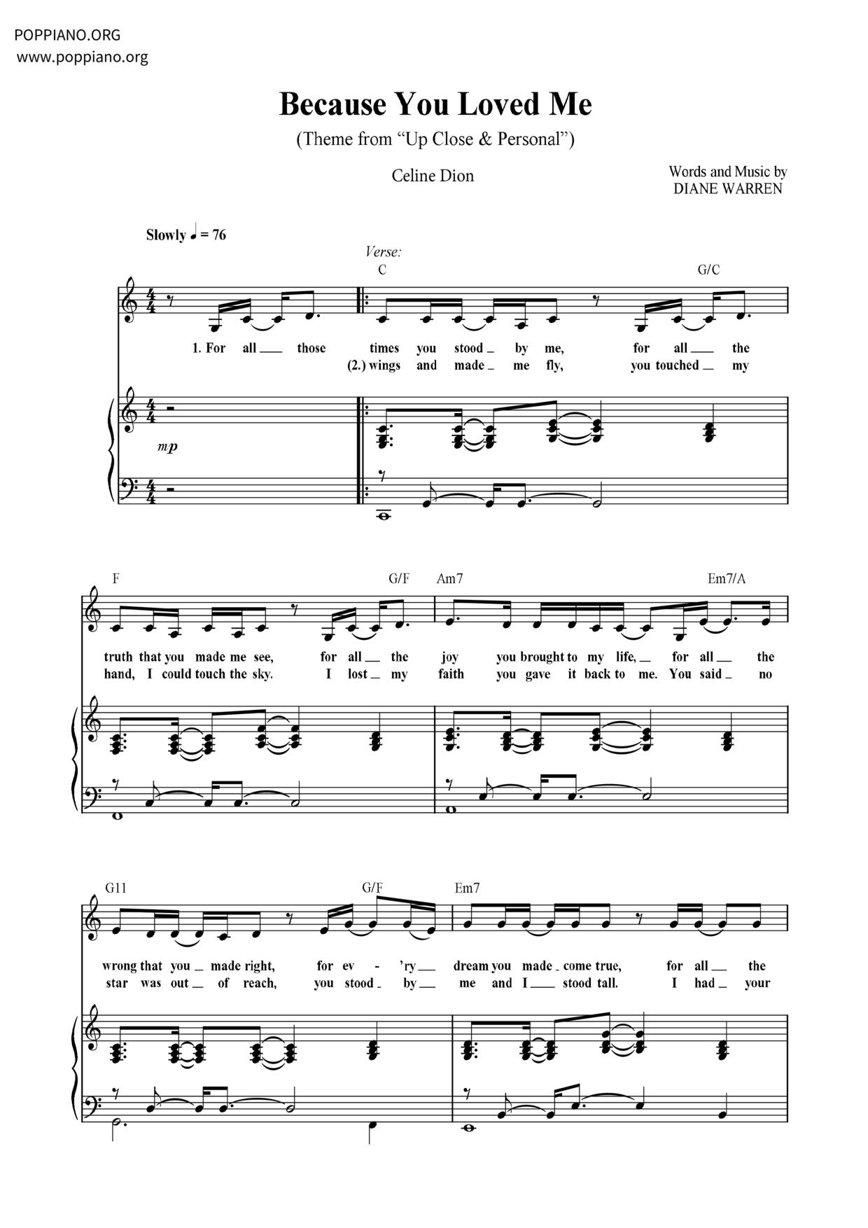 Because You Loved Me (Theme from Up Close and Personal)ピアノ譜