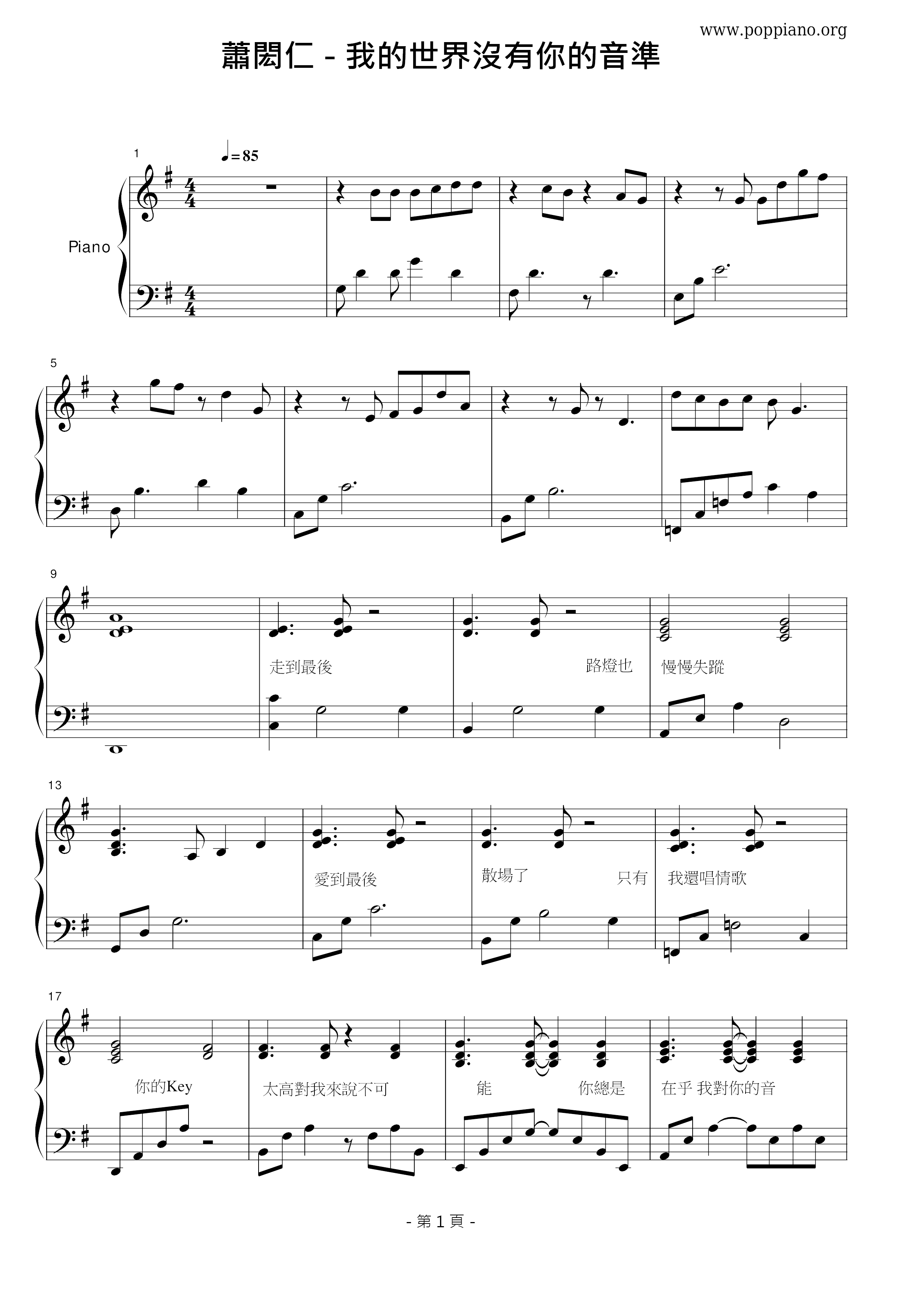 我的世界沒有你的音準ピアノ譜