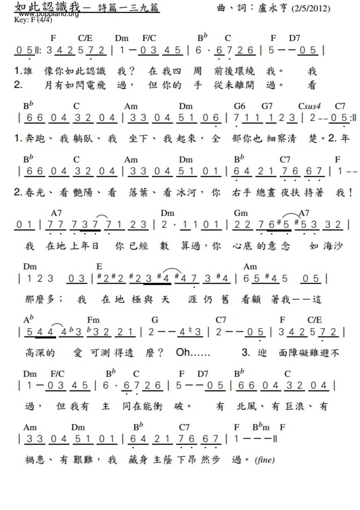 如此認識我ピアノ譜