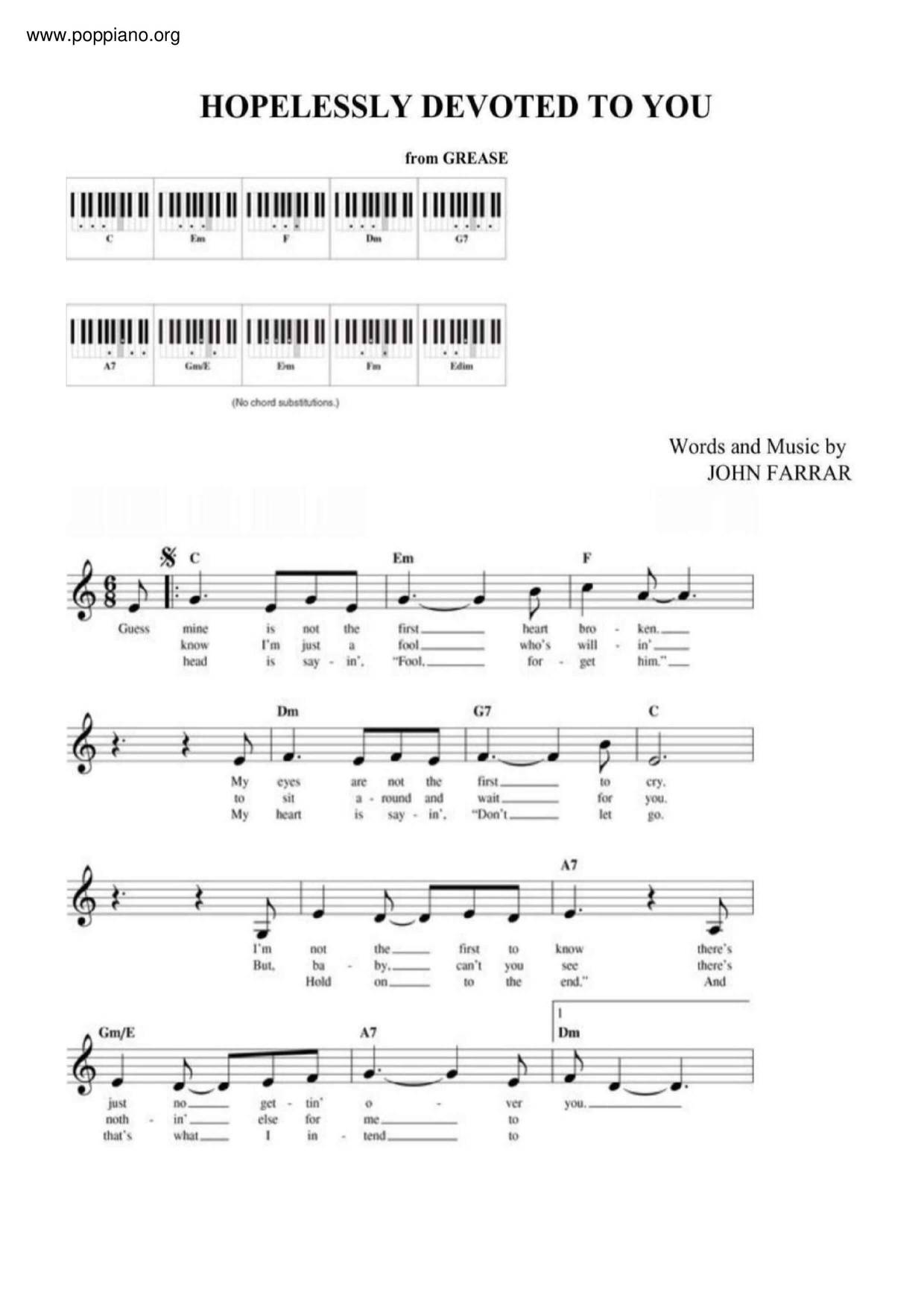 Hopelessly Devoted To You - From Greaseピアノ譜
