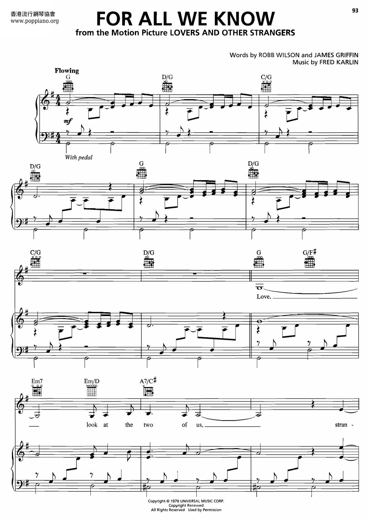 For All We Know - From "Lovers And Other Strangers"ピアノ譜