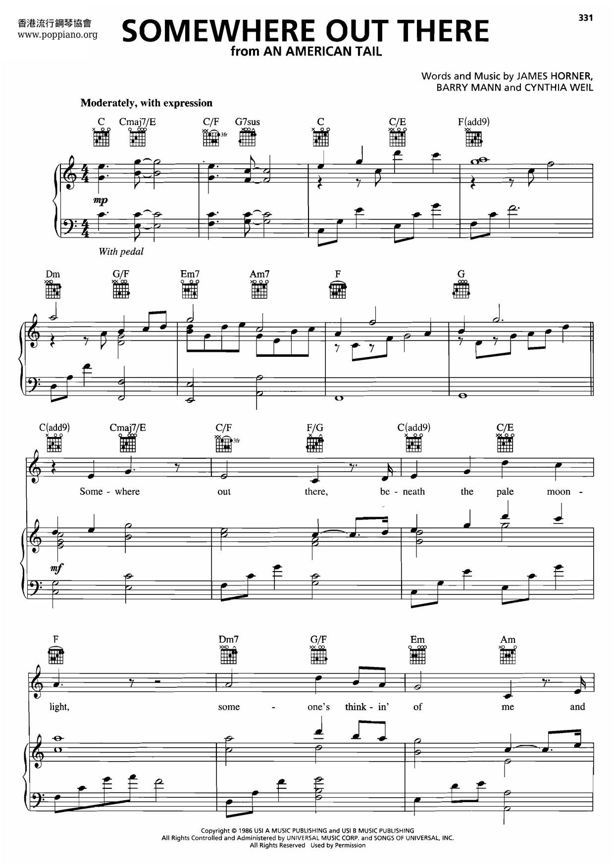 Somewhere Out There - From An American Tailピアノ譜