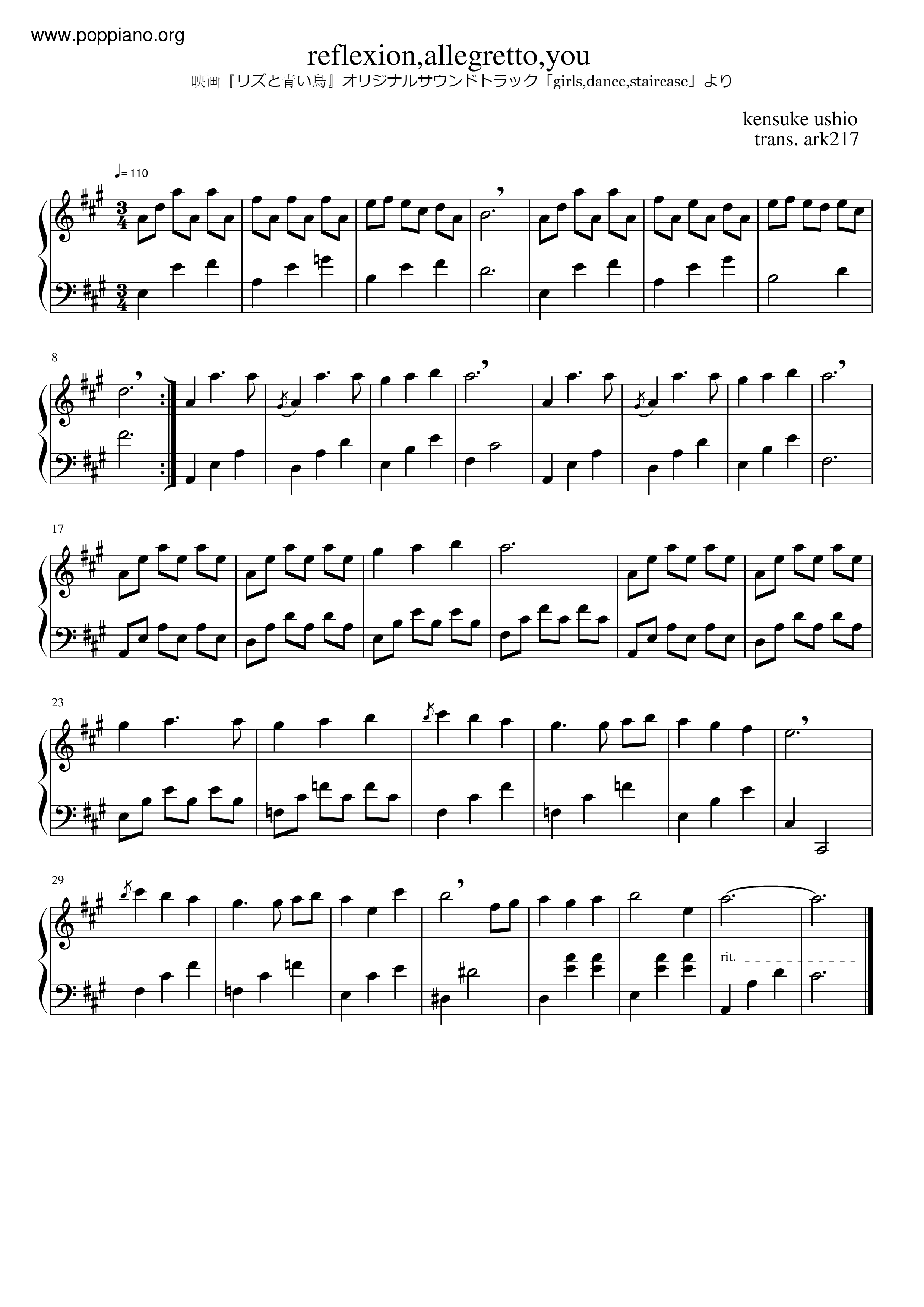 Reflexion,Allegretto,Youピアノ譜
