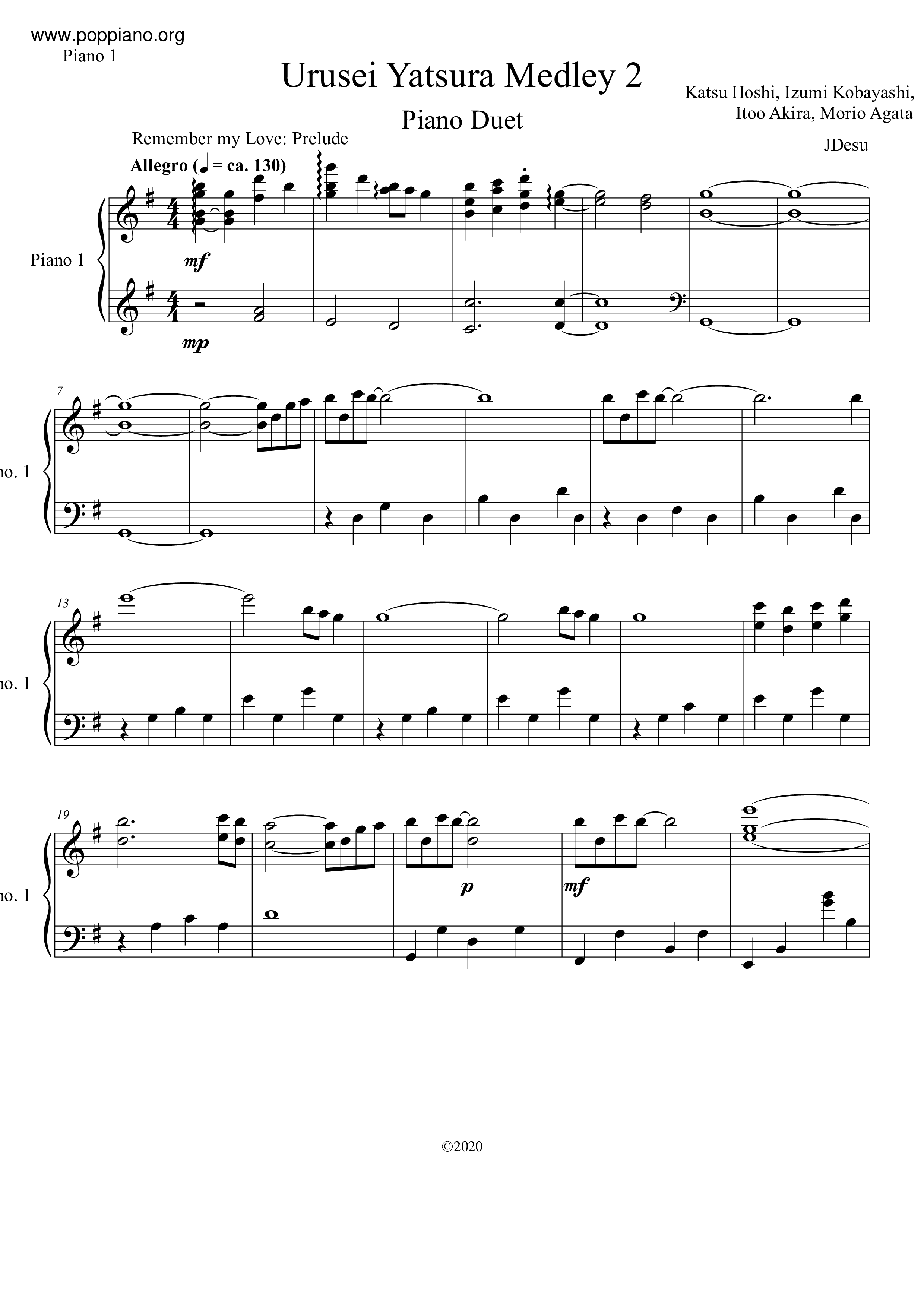 Urusei Yatsura Piano Medley 2 - Piano 1ピアノ譜