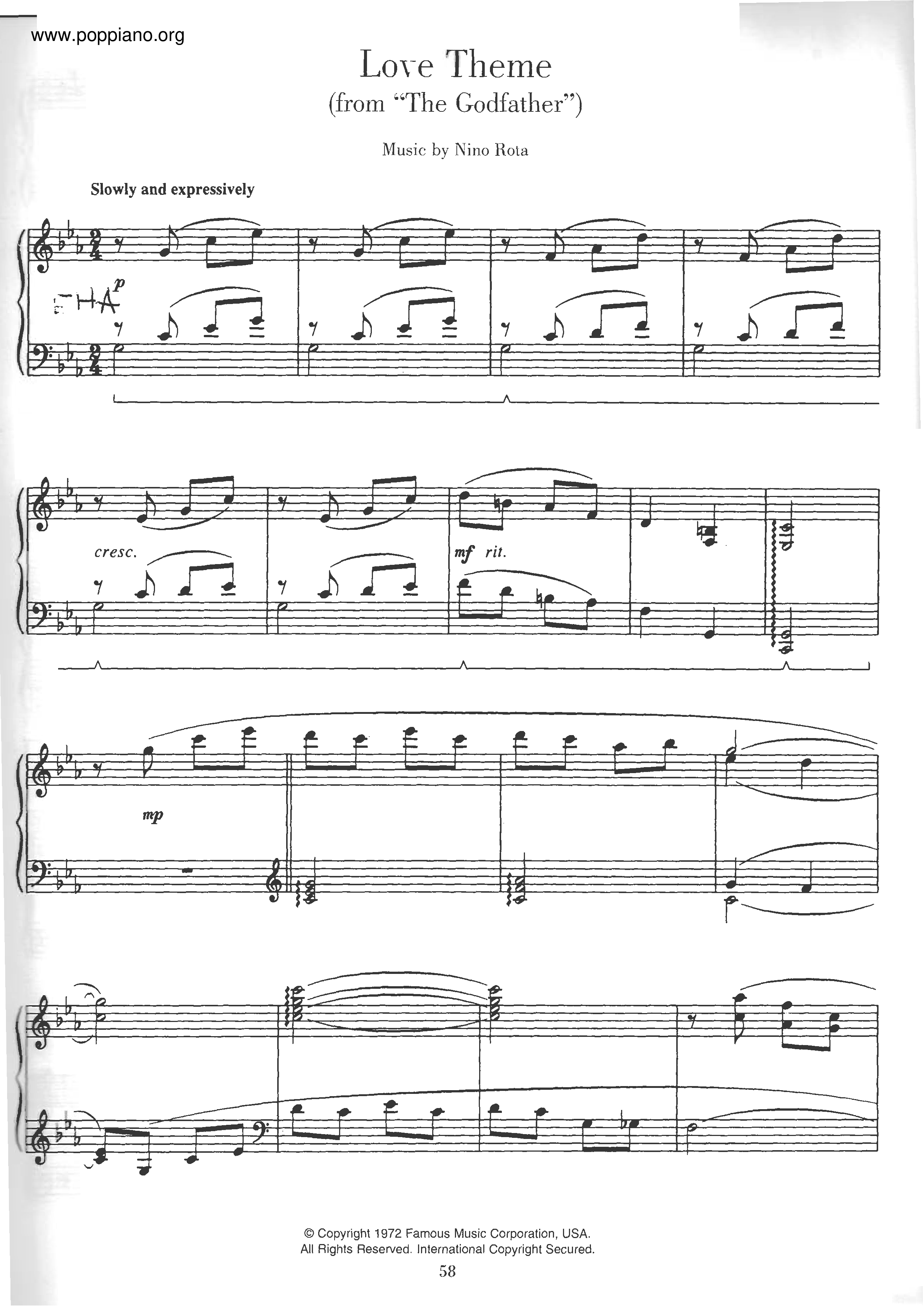 Love Theme From The Godfather (Speak Softly Love)ピアノ譜